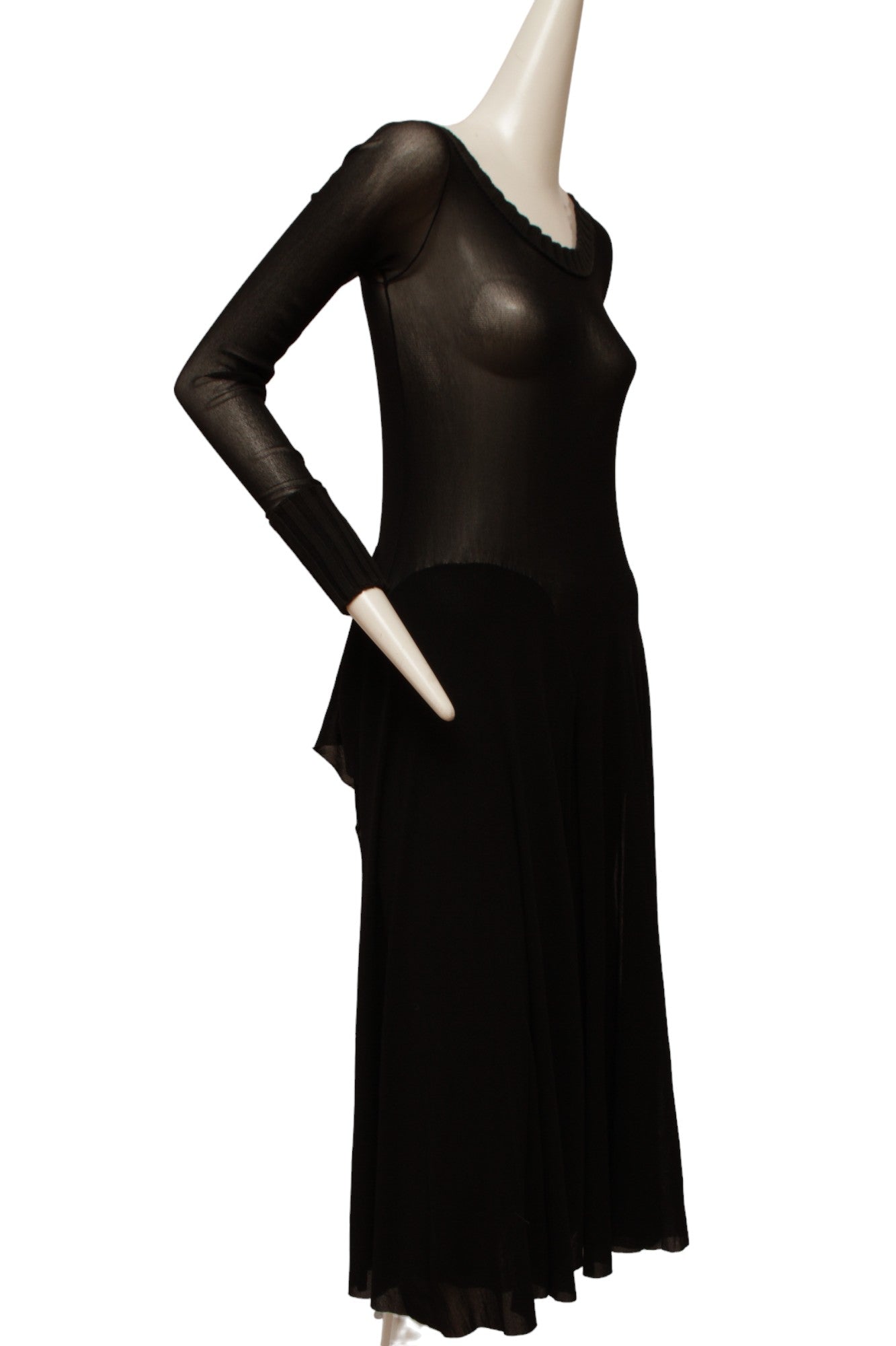 Jean Paul Gaultier Maille Black Mesh Dress with Handkerchief Point Skirt with Knit Ribbed collar and Sleeve Cuffs
