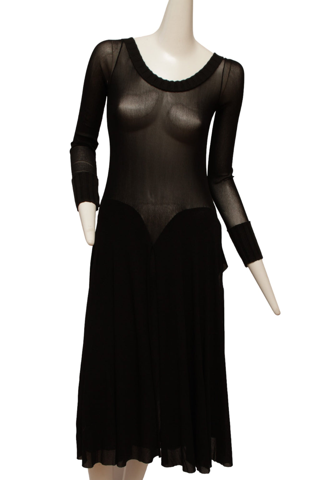 Jean Paul Gaultier Maille Black Mesh Dress with Handkerchief Point Skirt with Knit Ribbed collar and Sleeve Cuffs