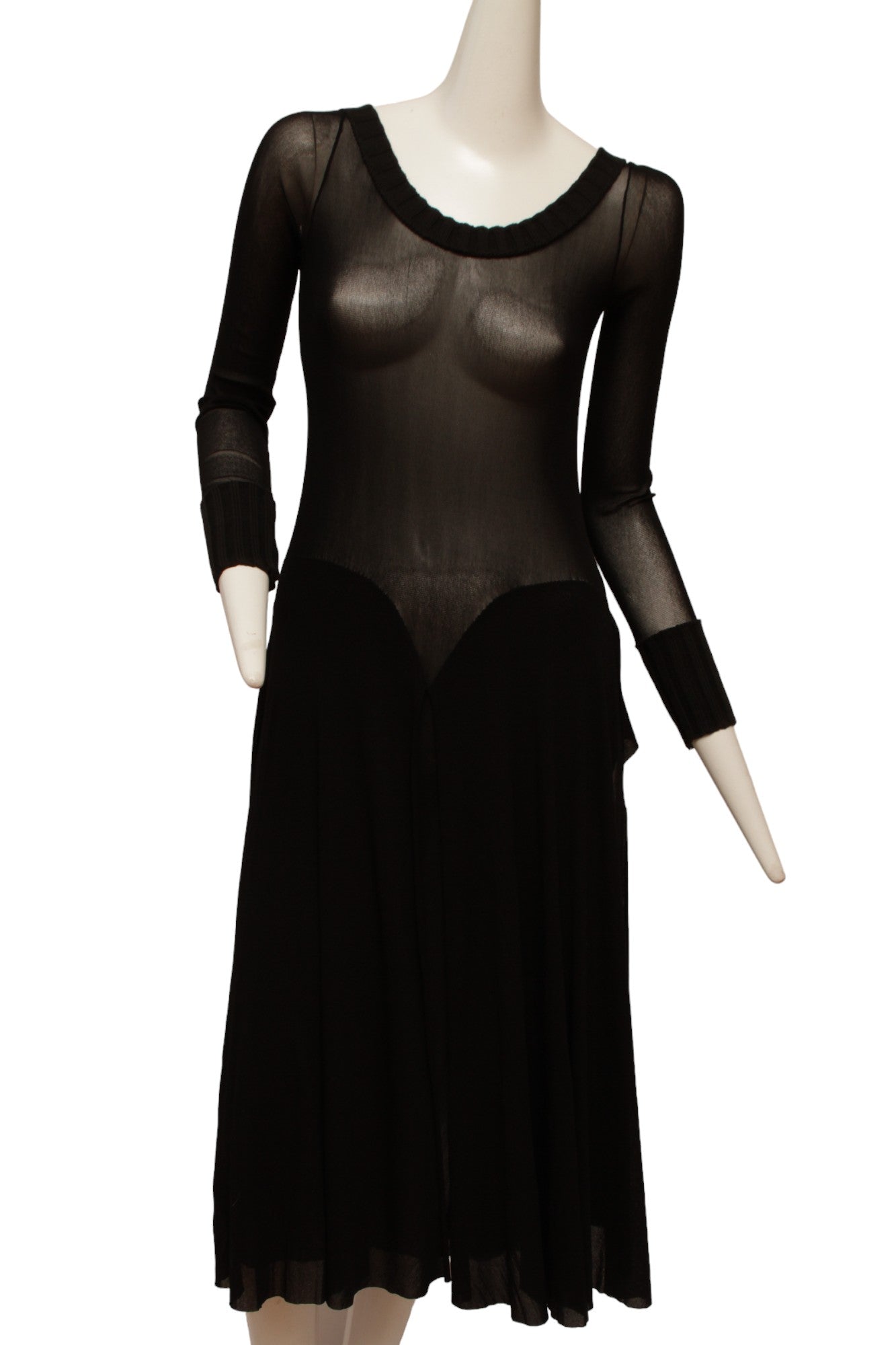 Jean Paul Gaultier Maille Black Mesh Dress with Handkerchief Point Skirt with Knit Ribbed collar and Sleeve Cuffs
