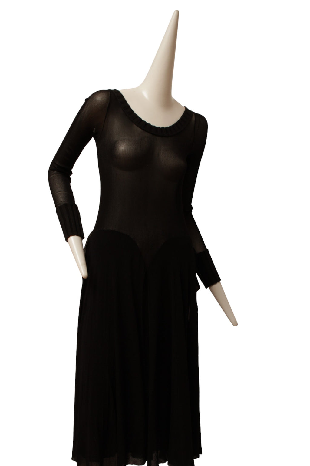Jean Paul Gaultier Maille Black Mesh Dress with Handkerchief Point Skirt with Knit Ribbed collar and Sleeve Cuffs