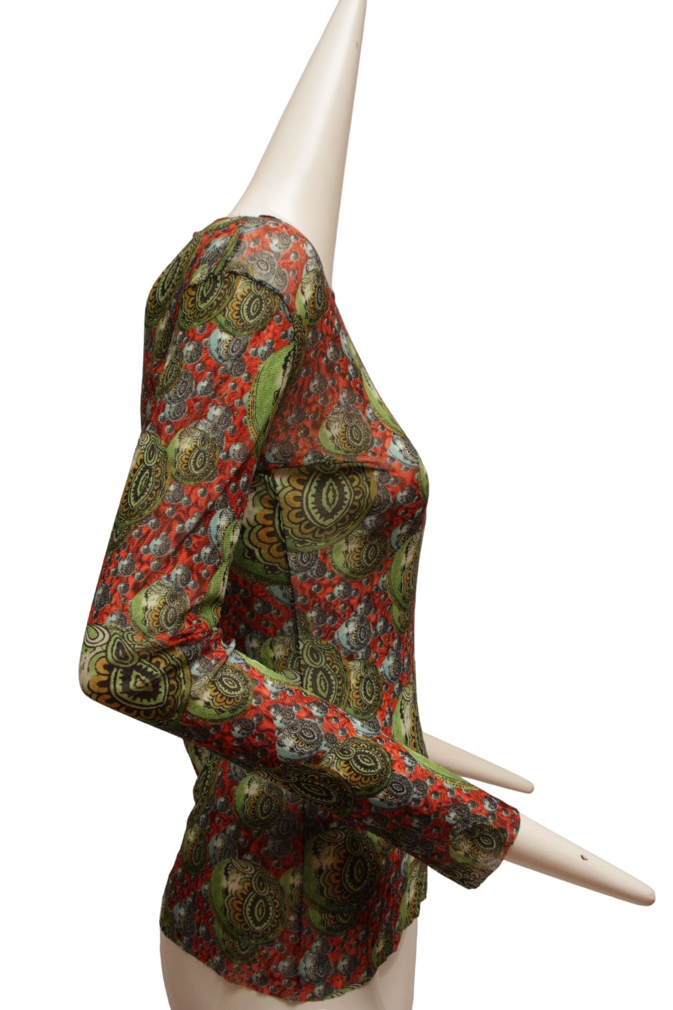 JEAN PAUL GAULTIER, Maille, RARE, Mesh, 1990s, Psychedelic multiplying planetary long sleeve top with Indian pattern