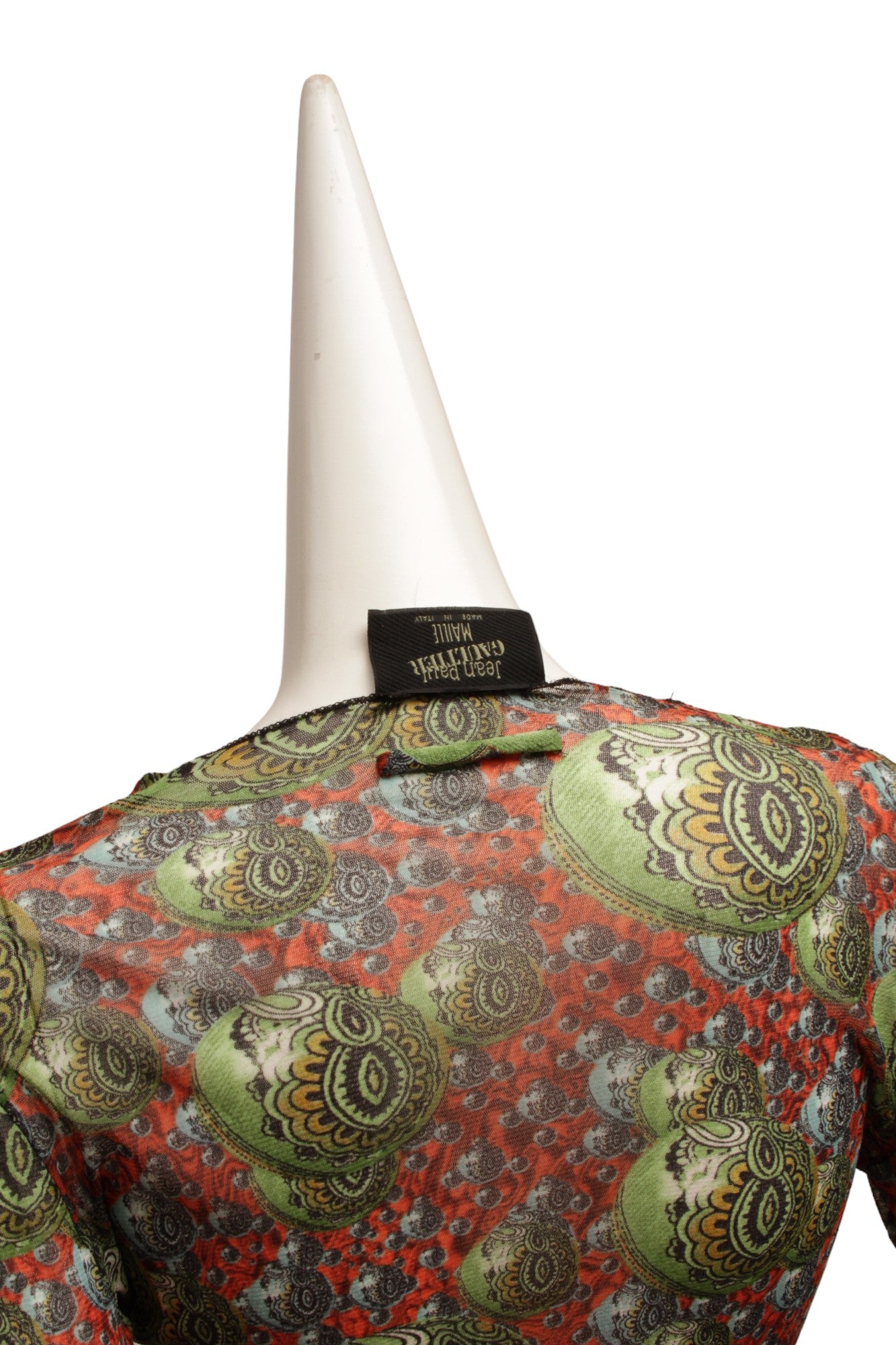 JEAN PAUL GAULTIER, Maille, RARE, Mesh, 1990s, Psychedelic multiplying planetary long sleeve top with Indian pattern
