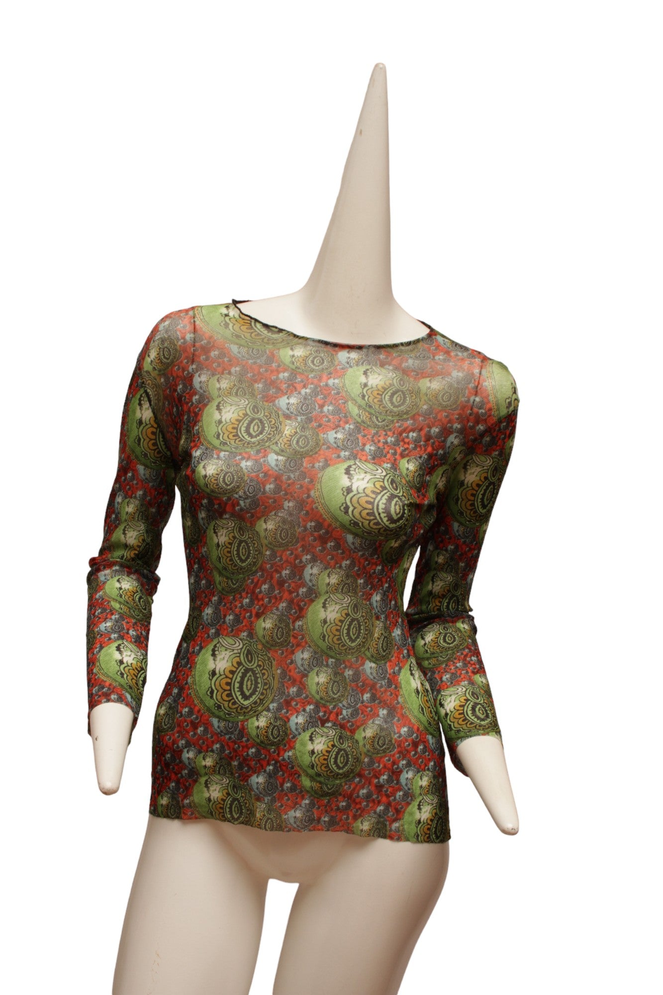 JEAN PAUL GAULTIER, Maille, RARE, Mesh, 1990s, Psychedelic multiplying planetary long sleeve top with Indian pattern
