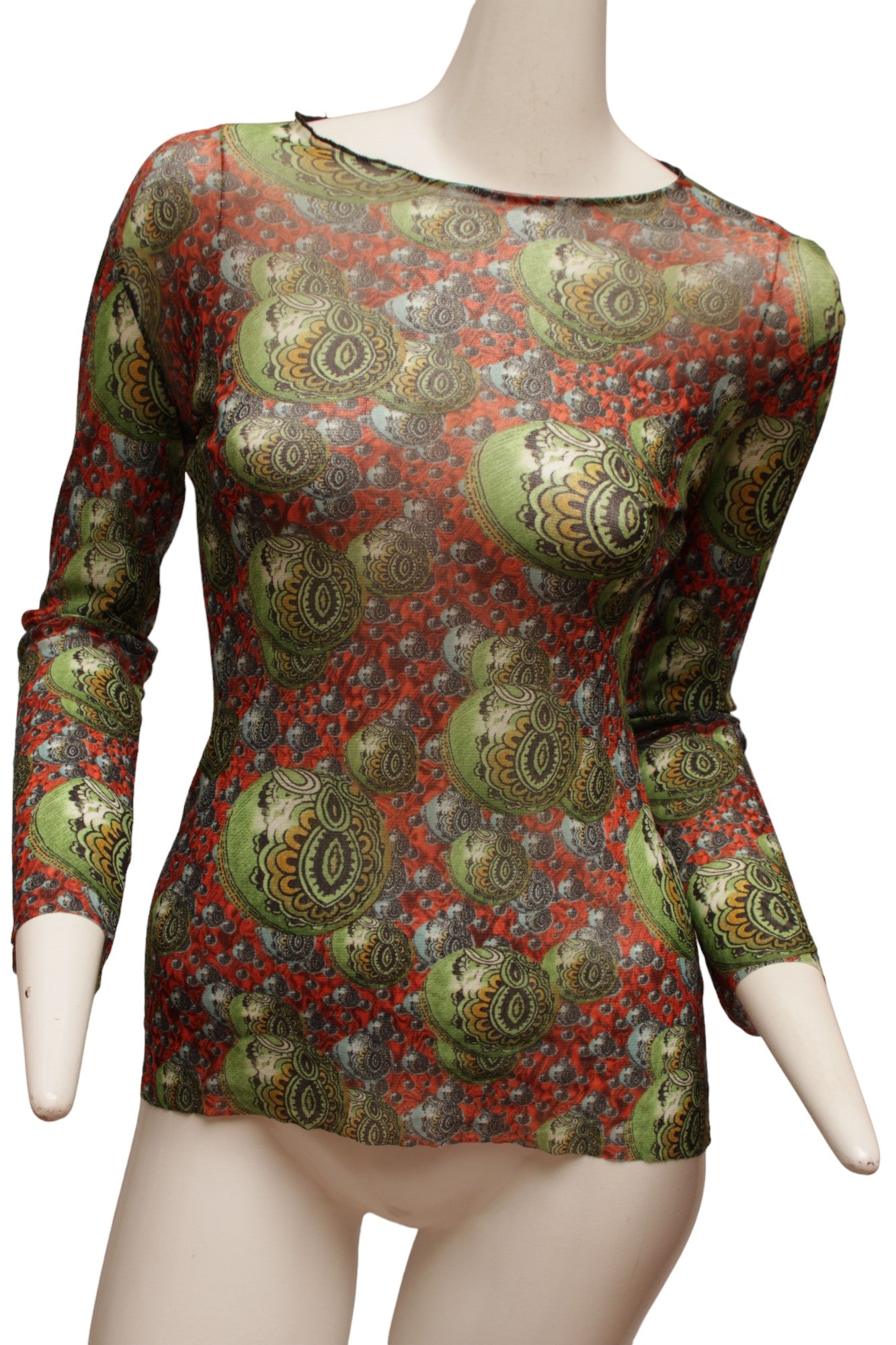 JEAN PAUL GAULTIER, Maille, RARE, Mesh, 1990s, Psychedelic multiplying planetary long sleeve top with Indian pattern