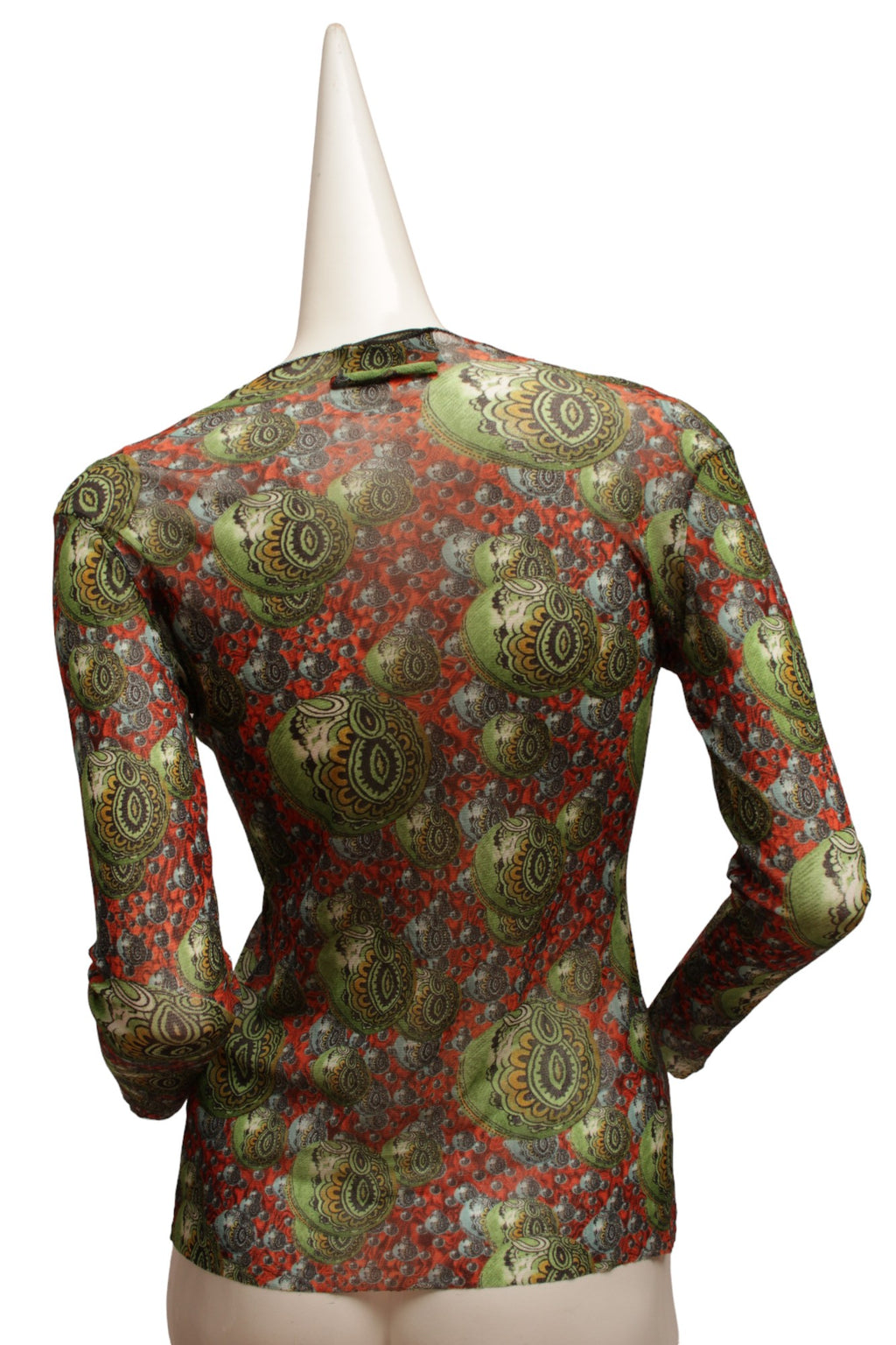 JEAN PAUL GAULTIER, Maille, RARE, Mesh, 1990s, Psychedelic multiplying planetary long sleeve top with Indian pattern