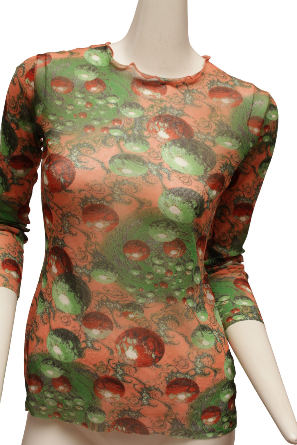 JEAN PAUL GAULTIER, Maille, RARE, 1996 AW, Psychedelic Planetary Green and Red tone Blackhole, Optical Illusion long sleeve mesh top