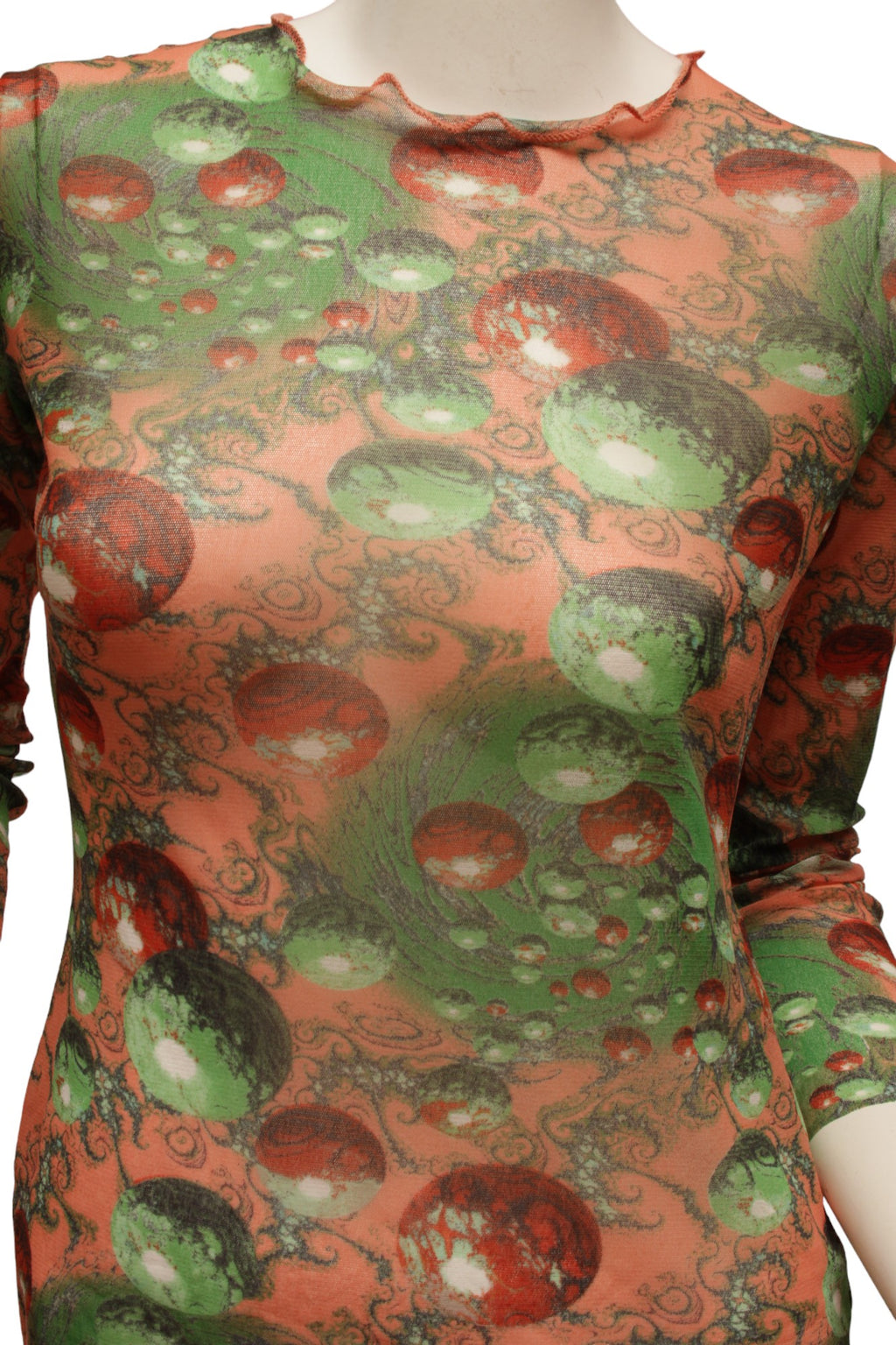 JEAN PAUL GAULTIER, Maille, RARE, 1996 AW, Psychedelic Planetary Green and Red tone Blackhole, Optical Illusion long sleeve mesh top