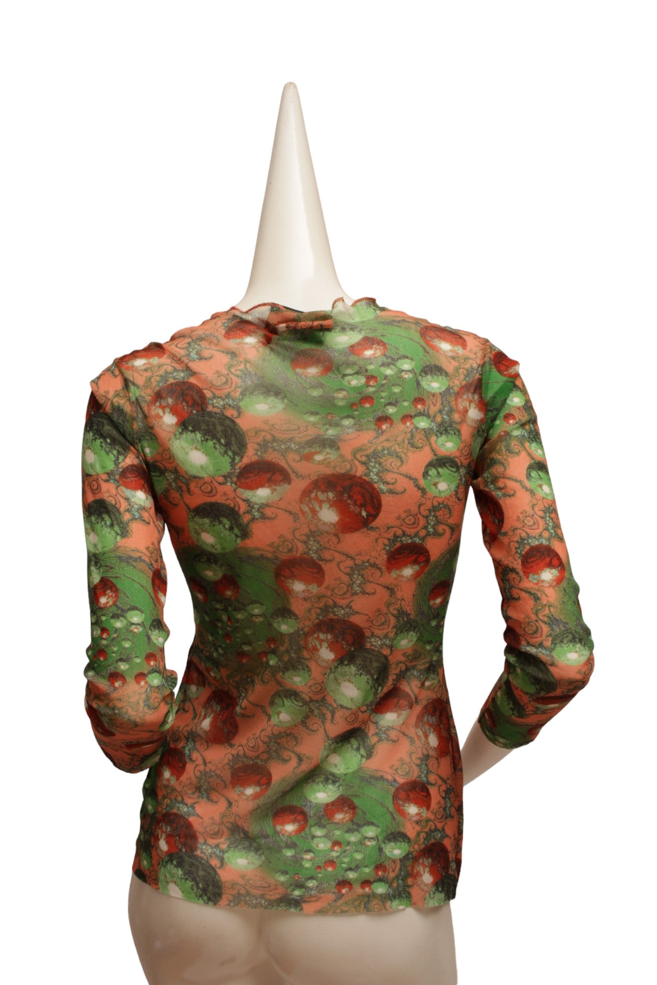 JEAN PAUL GAULTIER, Maille, RARE, 1996 AW, Psychedelic Planetary Green and Red tone Blackhole, Optical Illusion long sleeve mesh top