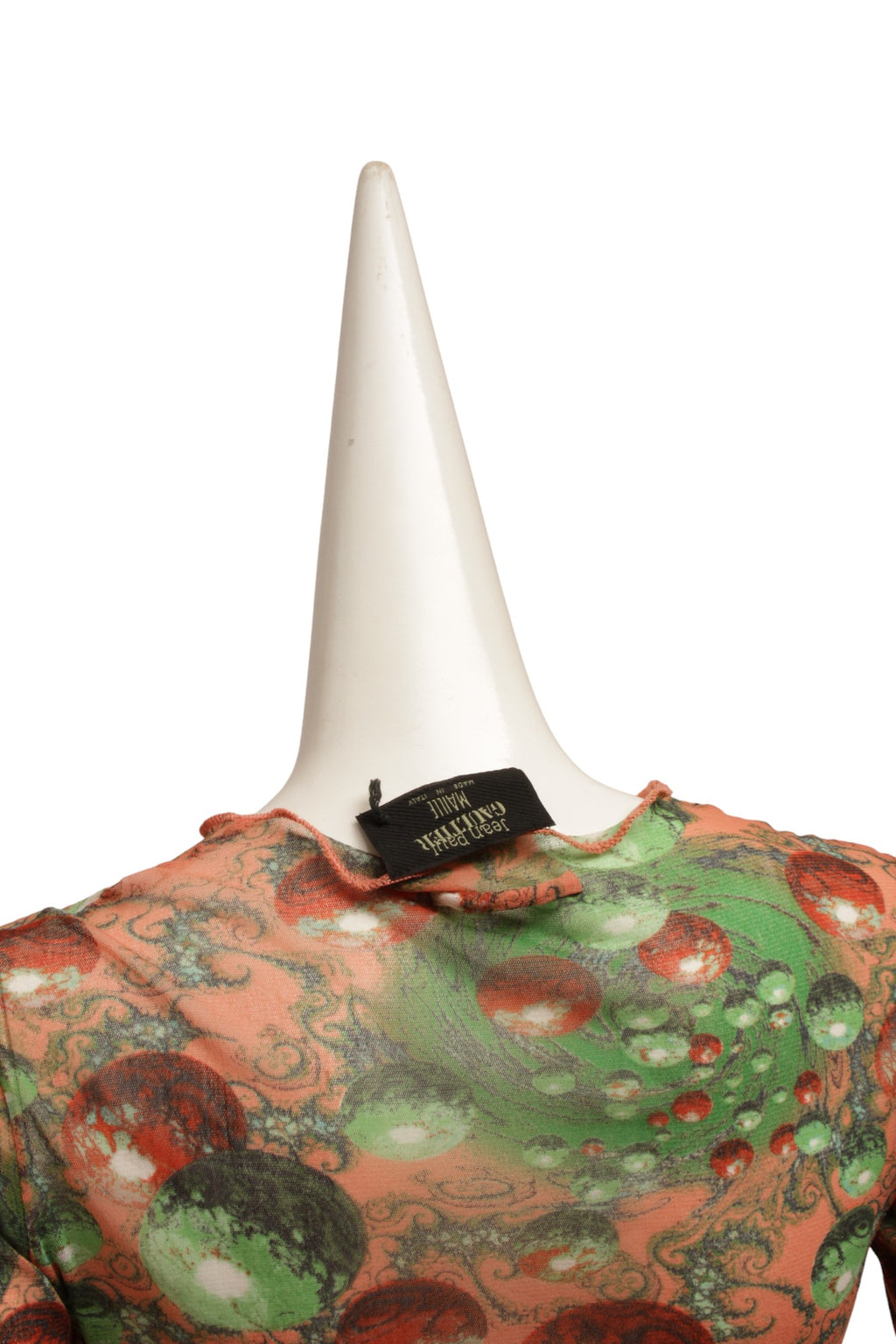 JEAN PAUL GAULTIER, Maille, RARE, 1996 AW, Psychedelic Planetary Green and Red tone Blackhole, Optical Illusion long sleeve mesh top