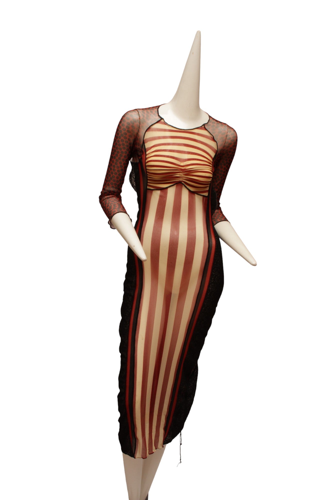 JEAN PAUL GAULTIER, Maille, 1996 S/S CYBER BABACollection, Red, Black and Ecru Mesh with Open Back, Tie-up Closure, Side Lace Panels and Stripe Detail, throughout.