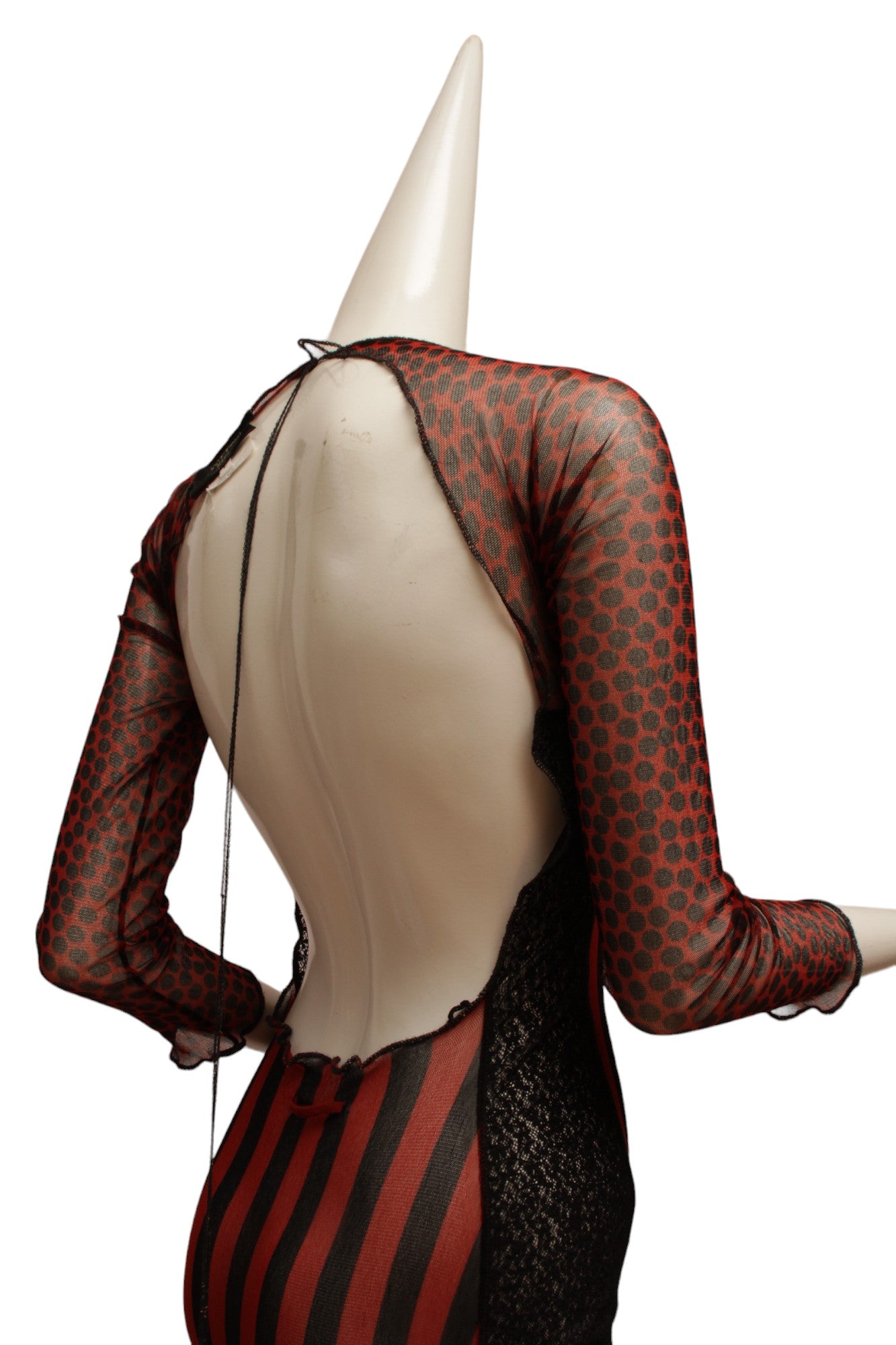 JEAN PAUL GAULTIER, Maille, 1996 S/S CYBER BABACollection, Red, Black and Ecru Mesh with Open Back, Tie-up Closure, Side Lace Panels and Stripe Detail, throughout.
