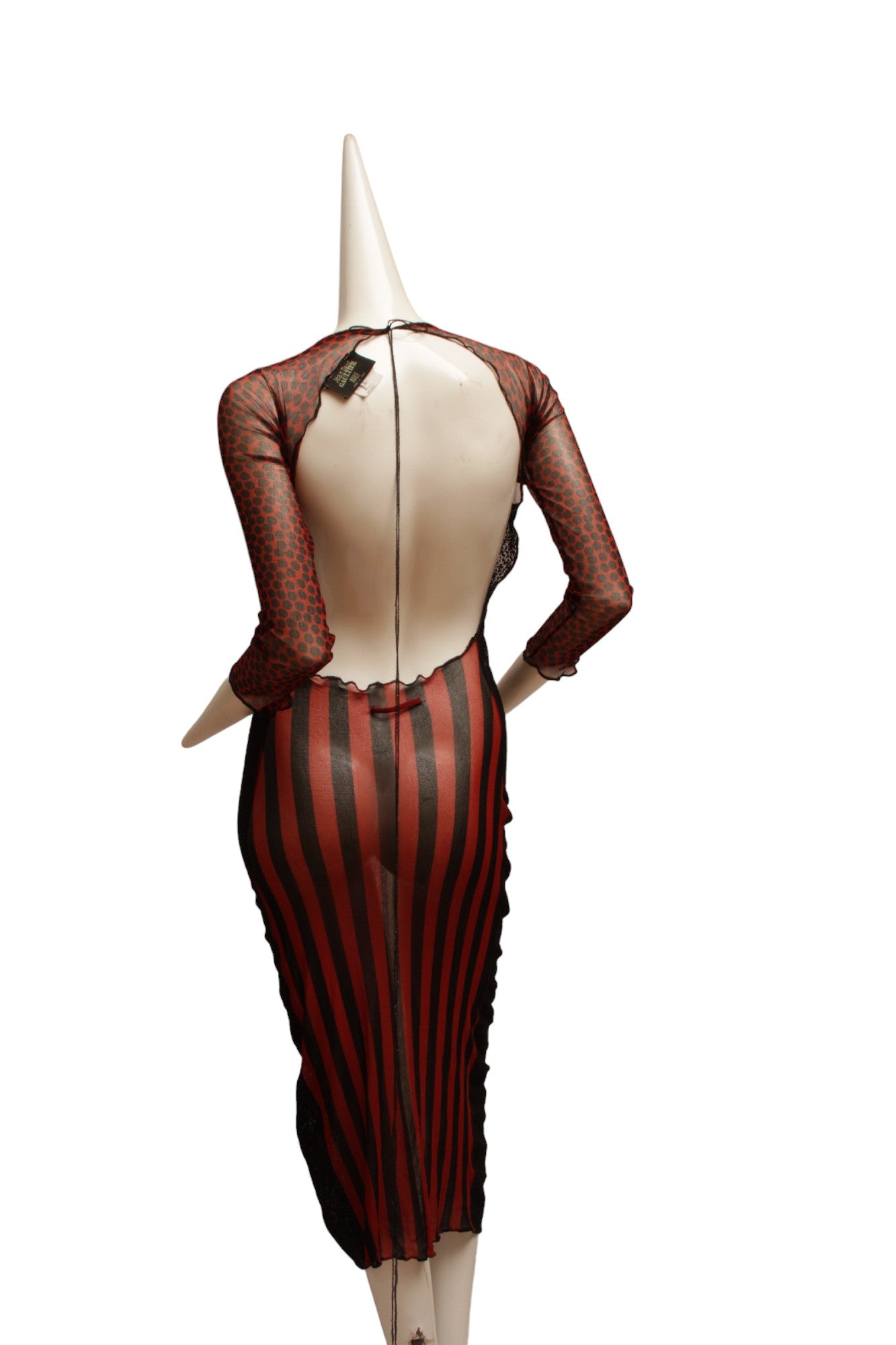 JEAN PAUL GAULTIER, Maille, 1996 S/S CYBER BABACollection, Red, Black and Ecru Mesh with Open Back, Tie-up Closure, Side Lace Panels and Stripe Detail, throughout.