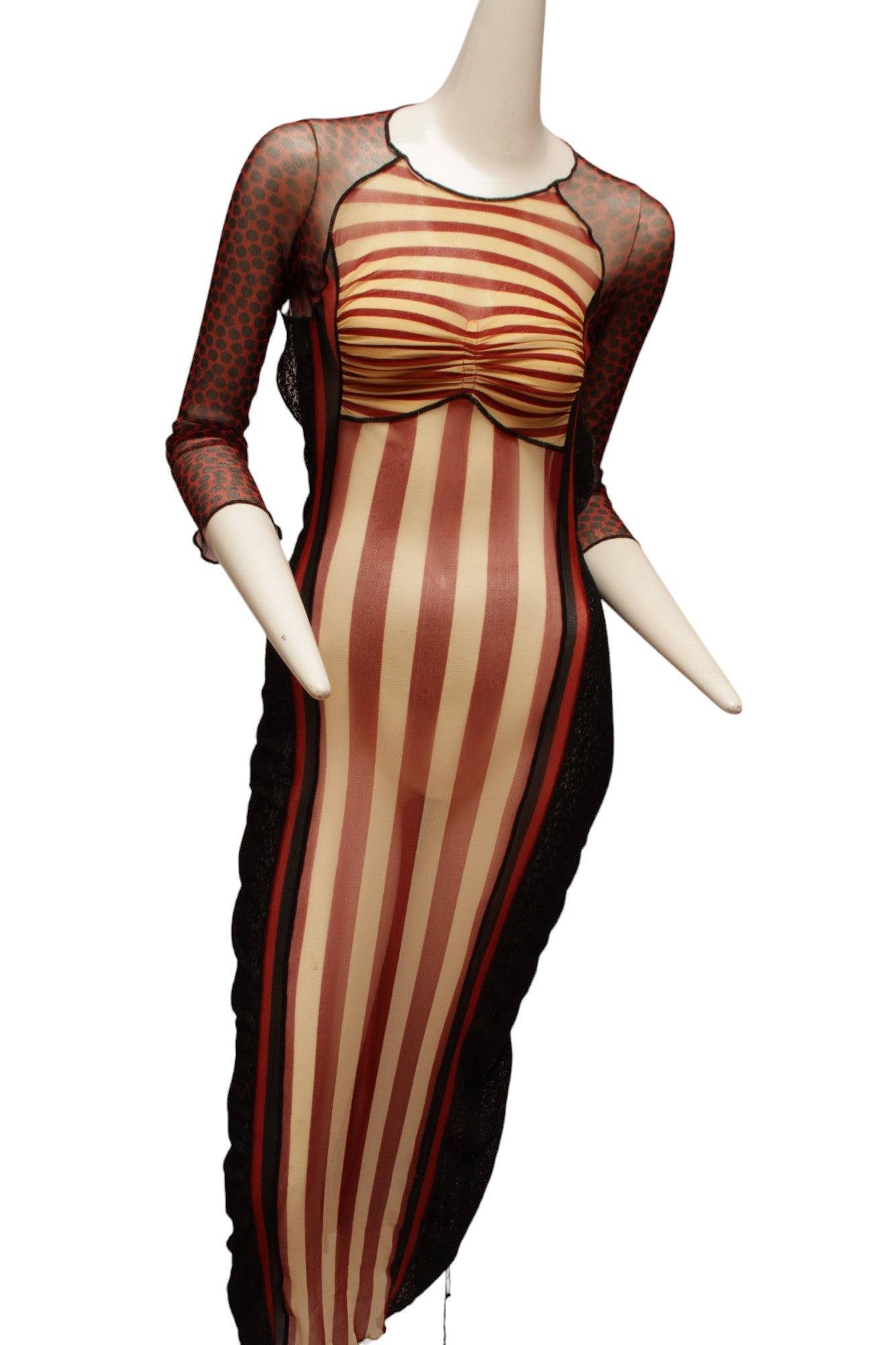 JEAN PAUL GAULTIER, Maille, 1996 S/S CYBER BABACollection, Red, Black and Ecru Mesh with Open Back, Tie-up Closure, Side Lace Panels and Stripe Detail, throughout.