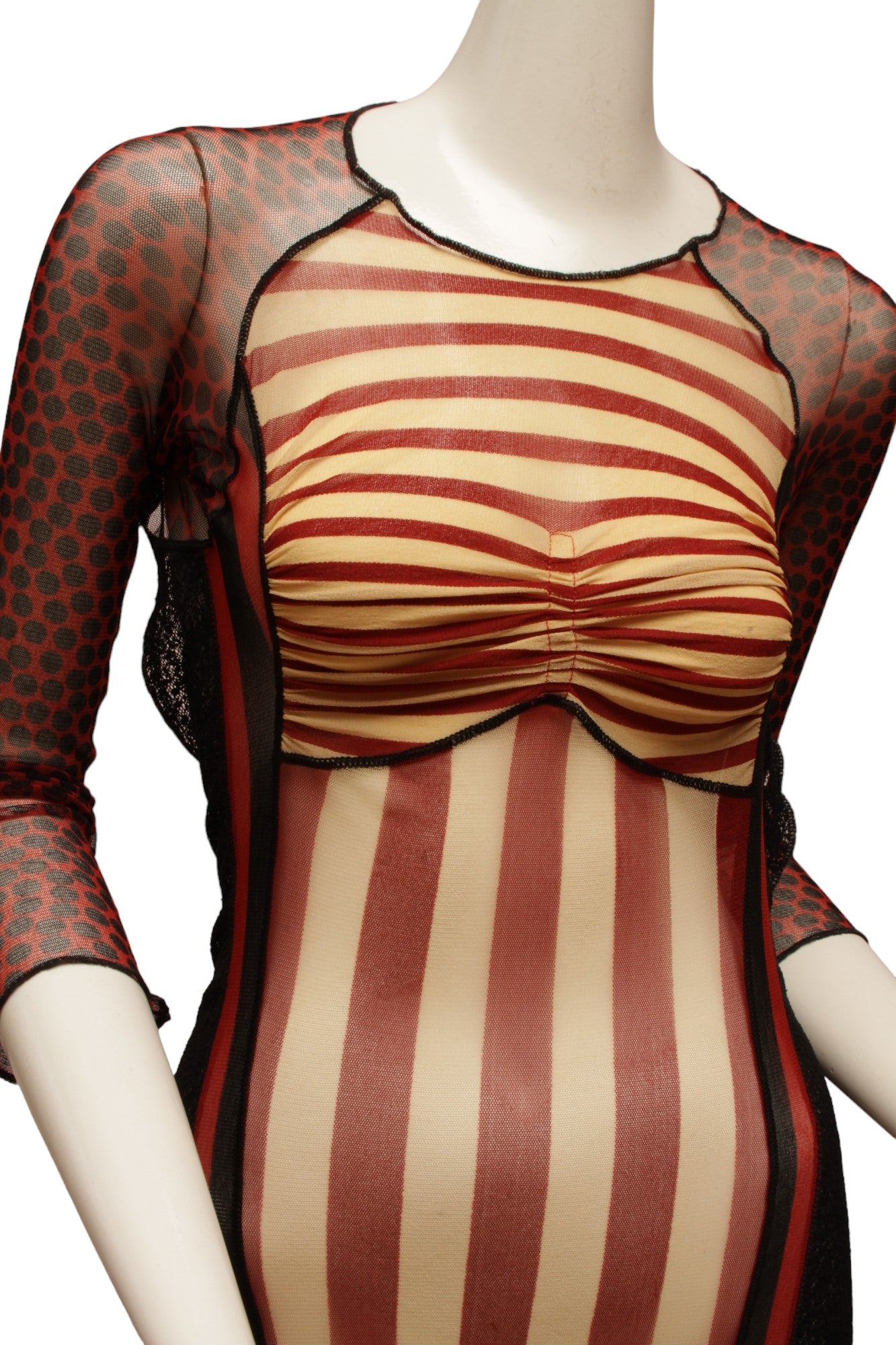 JEAN PAUL GAULTIER, Maille, 1996 S/S CYBER BABACollection, Red, Black and Ecru Mesh with Open Back, Tie-up Closure, Side Lace Panels and Stripe Detail, throughout.