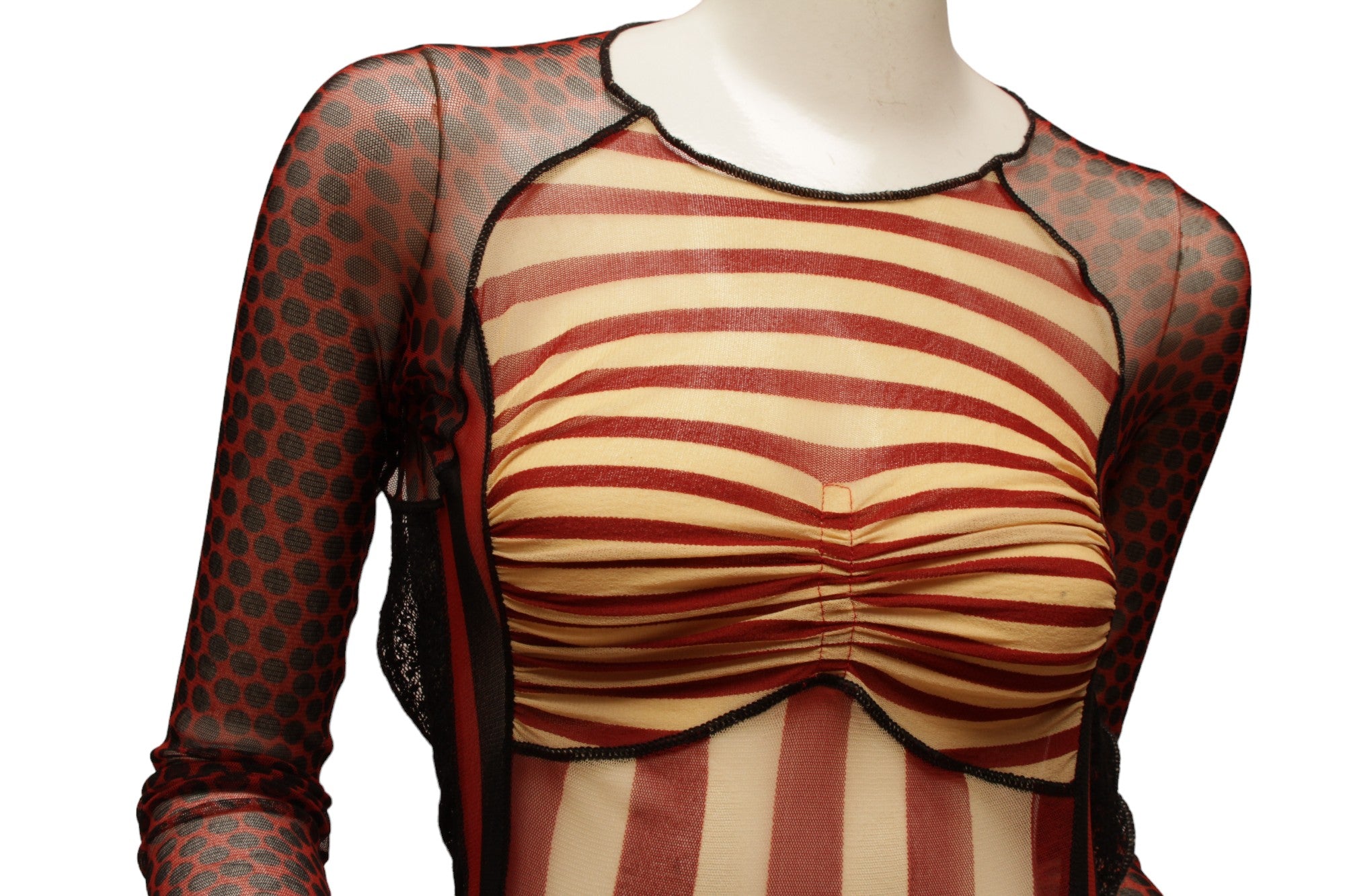 JEAN PAUL GAULTIER, Maille, 1996 S/S CYBER BABACollection, Red, Black and Ecru Mesh with Open Back, Tie-up Closure, Side Lace Panels and Stripe Detail, throughout.