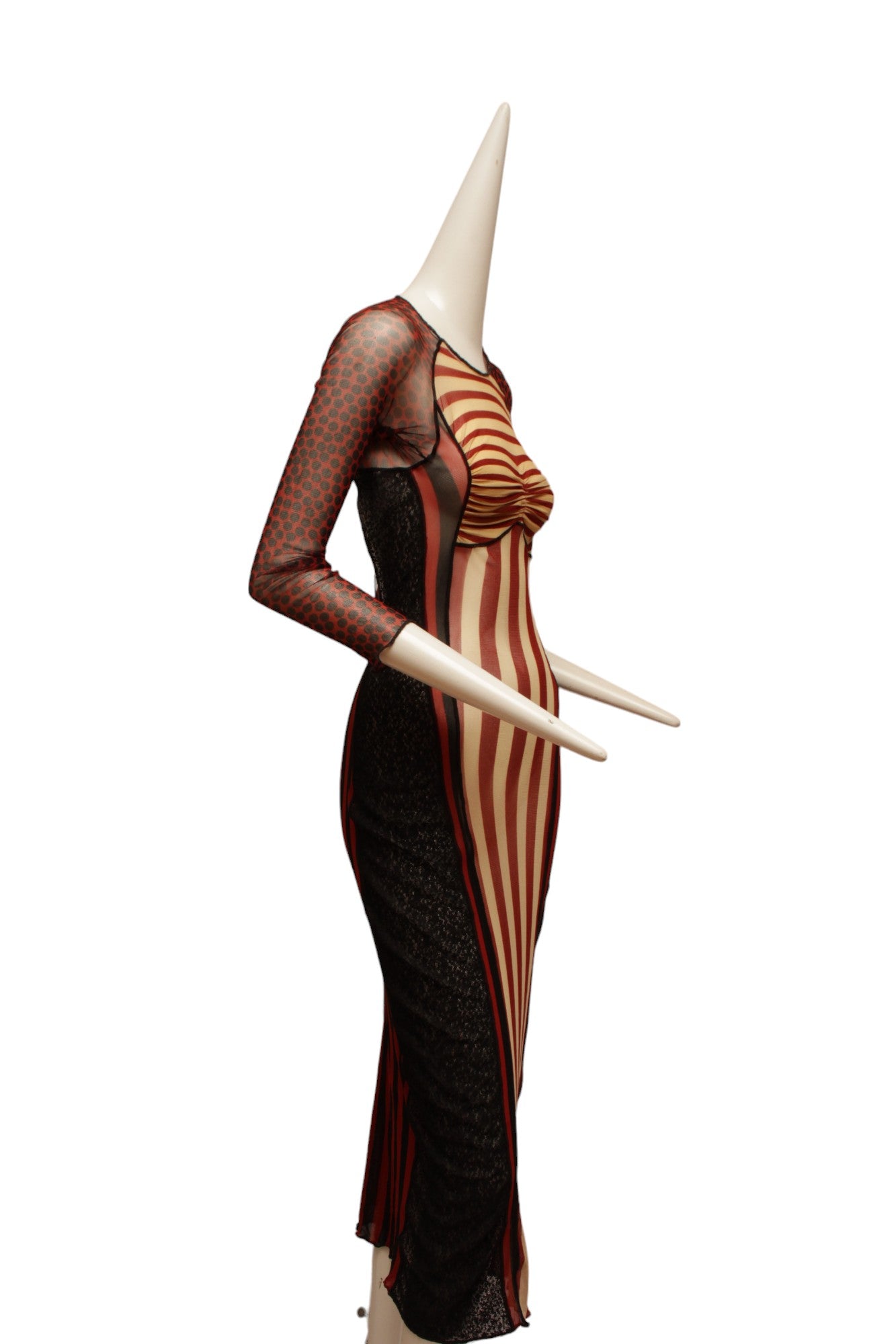 JEAN PAUL GAULTIER, Maille, 1996 S/S CYBER BABACollection, Red, Black and Ecru Mesh with Open Back, Tie-up Closure, Side Lace Panels and Stripe Detail, throughout.