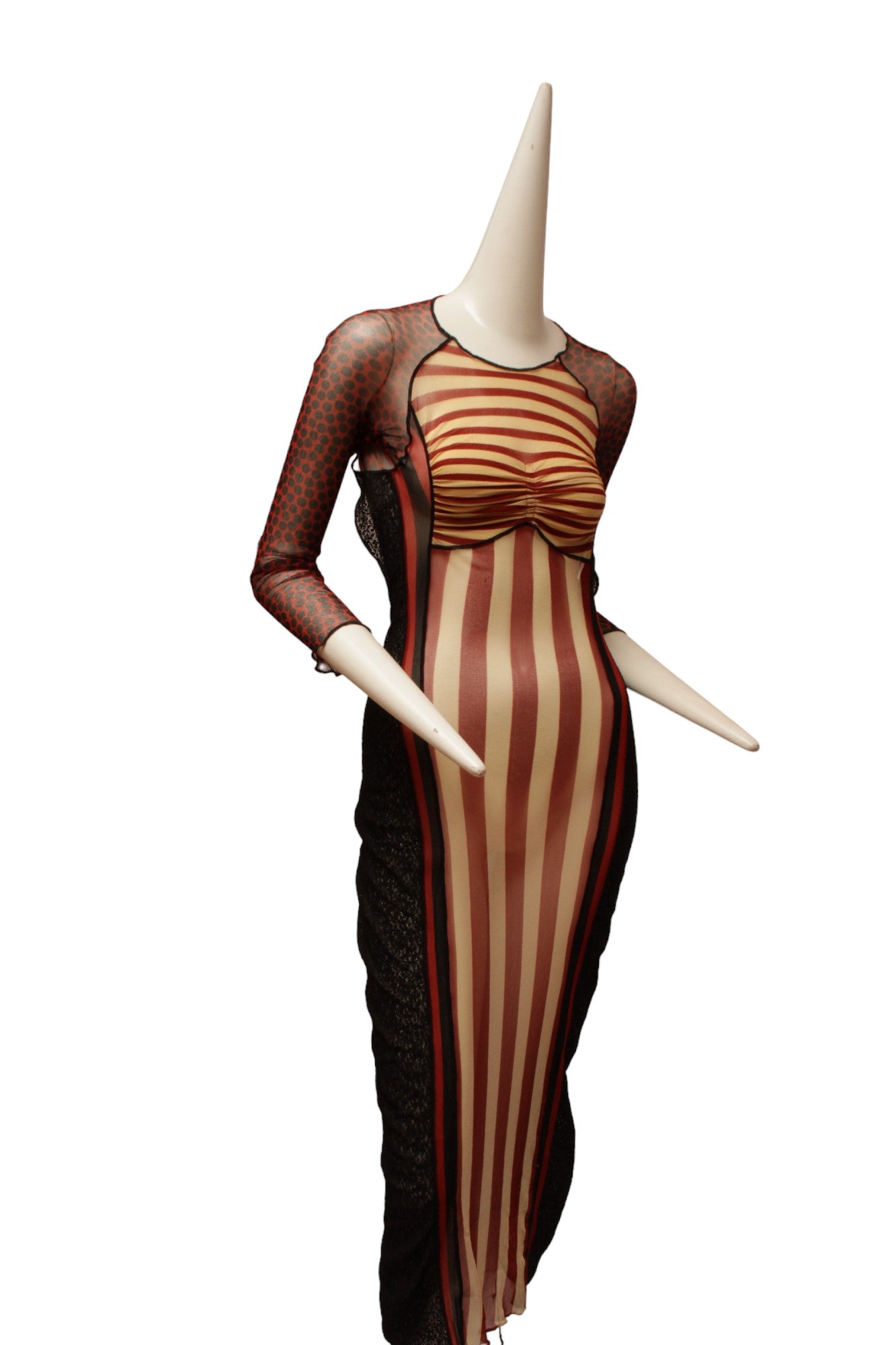 JEAN PAUL GAULTIER, Maille, 1996 S/S CYBER BABACollection, Red, Black and Ecru Mesh with Open Back, Tie-up Closure, Side Lace Panels and Stripe Detail, throughout.