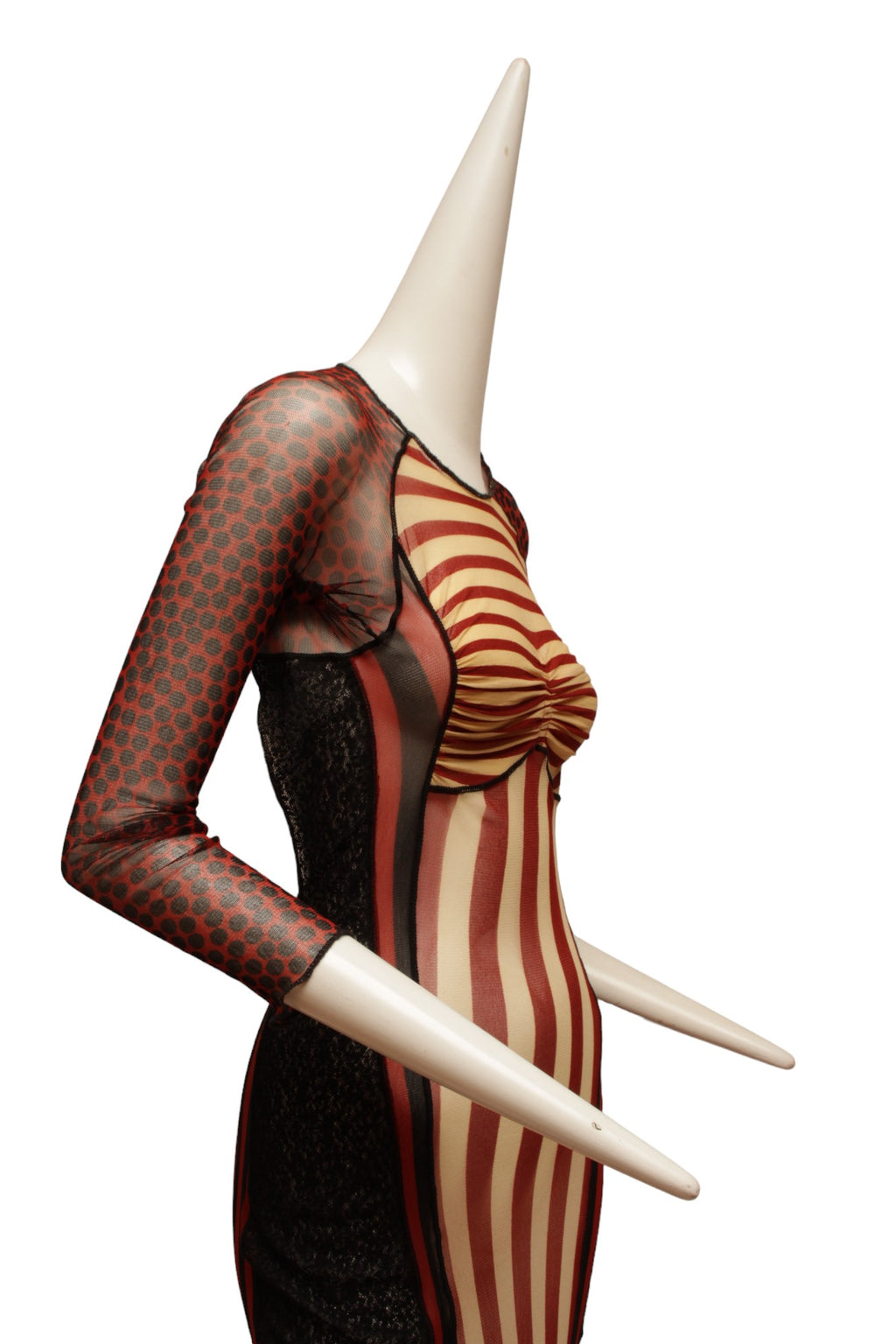 JEAN PAUL GAULTIER, Maille, 1996 S/S CYBER BABACollection, Red, Black and Ecru Mesh with Open Back, Tie-up Closure, Side Lace Panels and Stripe Detail, throughout.