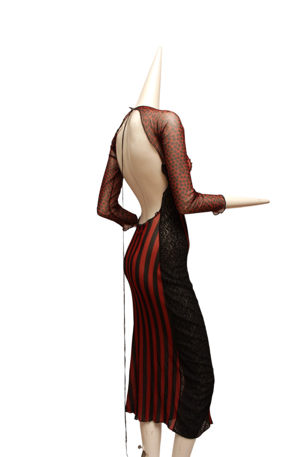JEAN PAUL GAULTIER, Maille, 1996 S/S CYBER BABACollection, Red, Black and Ecru Mesh with Open Back, Tie-up Closure, Side Lace Panels and Stripe Detail, throughout.