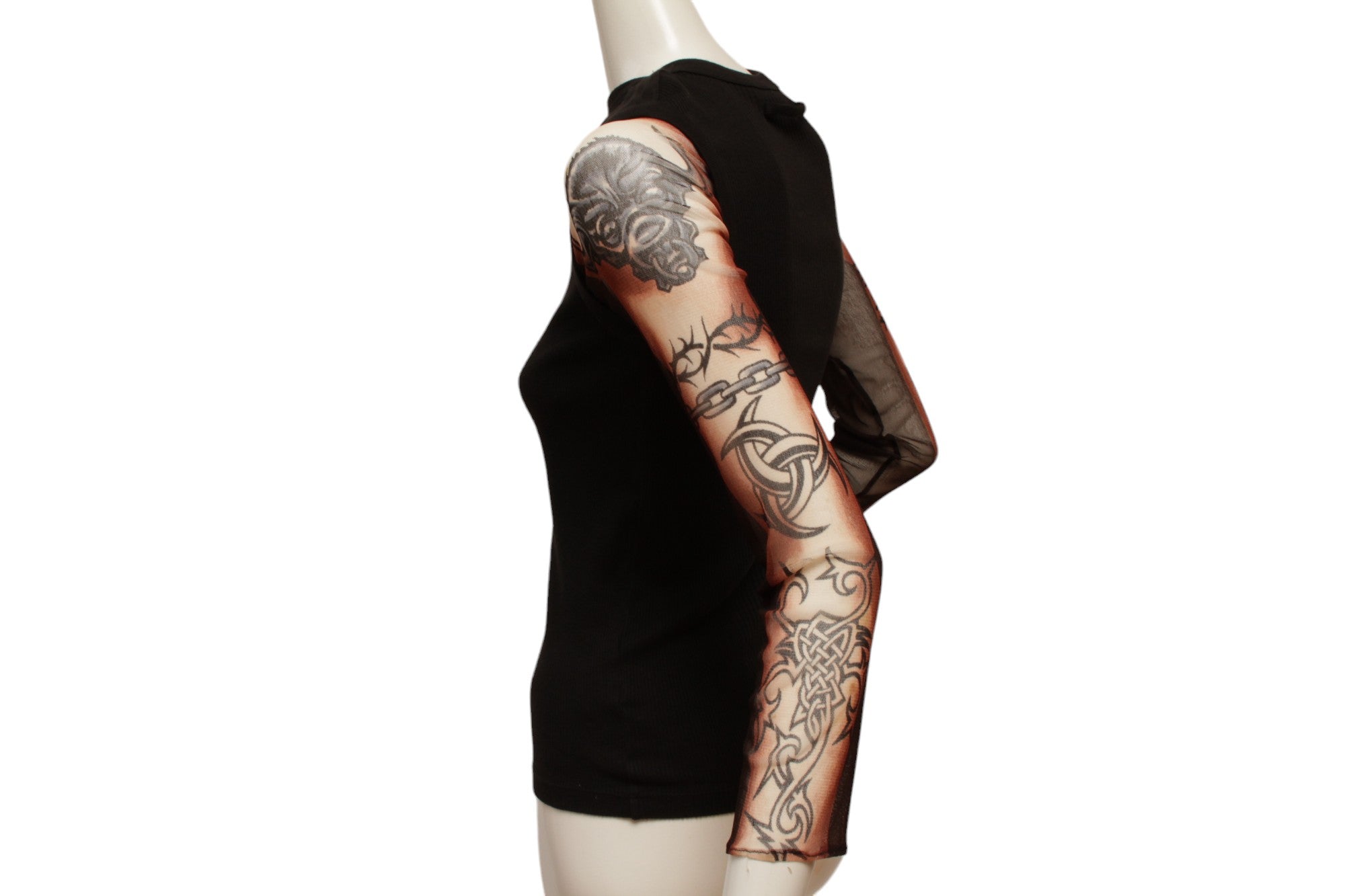 Jean Paul Gaultier Maille Black Rib Knit Tank with Mesh Tattoo Design Sleeve