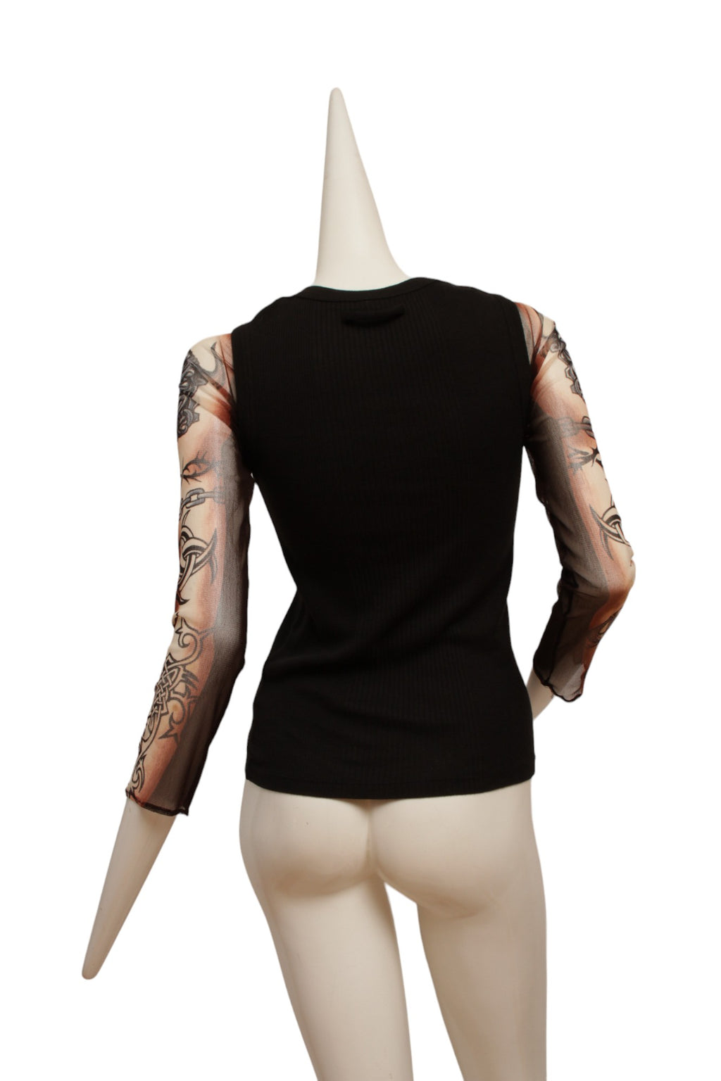 Jean Paul Gaultier Maille Black Rib Knit Tank with Mesh Tattoo Design Sleeve