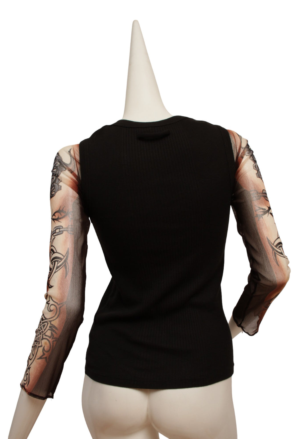 Jean Paul Gaultier Maille Black Rib Knit Tank with Mesh Tattoo Design Sleeve