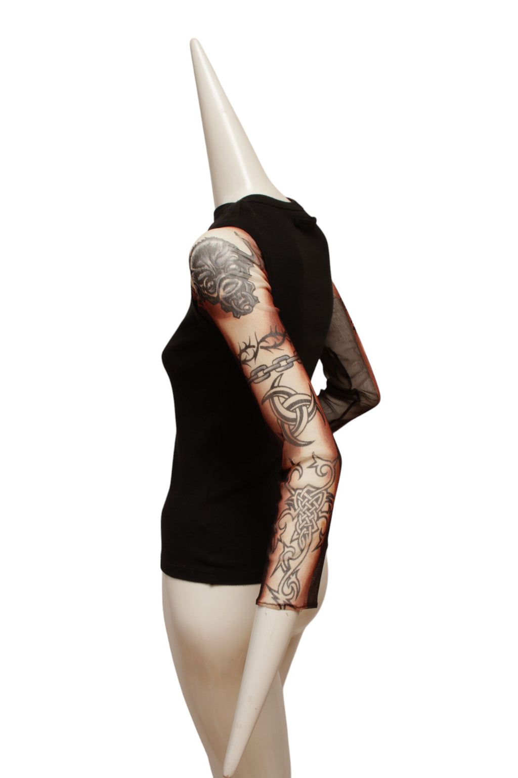 Jean Paul Gaultier Maille Black Rib Knit Tank with Mesh Tattoo Design Sleeve