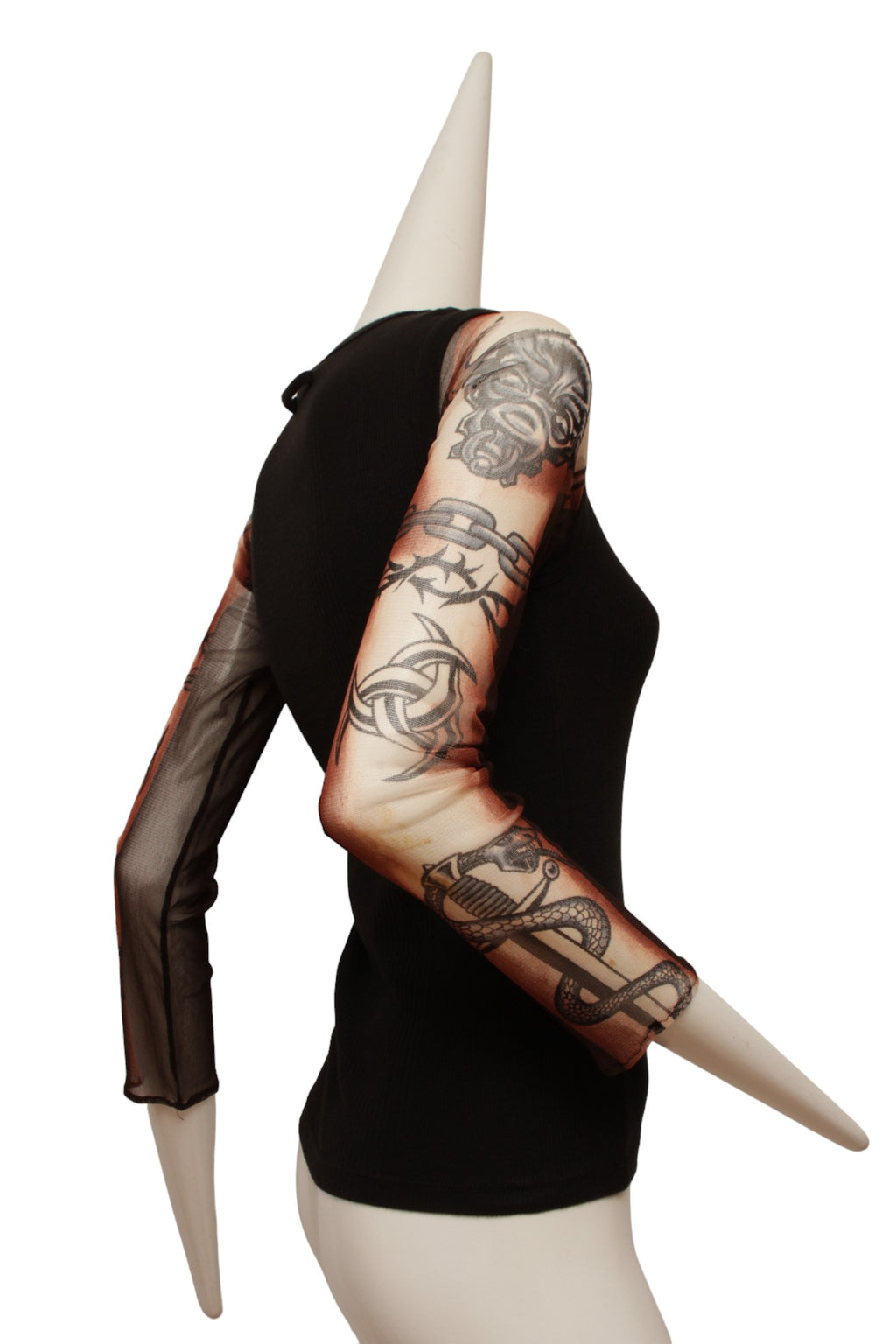 Jean Paul Gaultier Maille Black Rib Knit Tank with Mesh Tattoo Design Sleeve