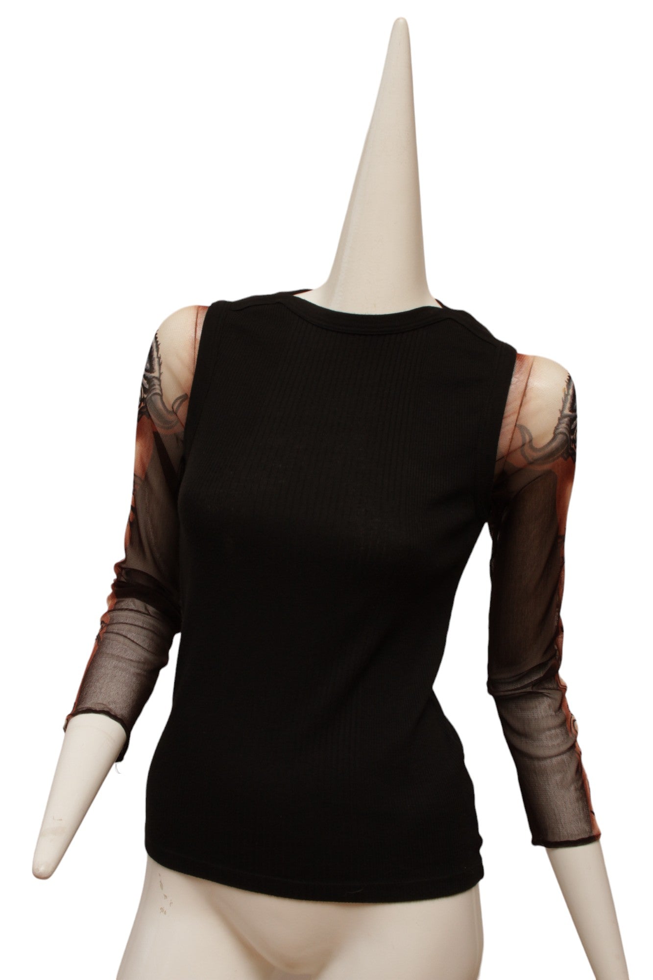 Jean Paul Gaultier Maille Black Rib Knit Tank with Mesh Tattoo Design Sleeve