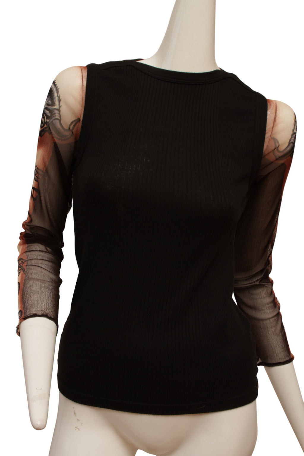 Jean Paul Gaultier Maille Black Rib Knit Tank with Mesh Tattoo Design Sleeve