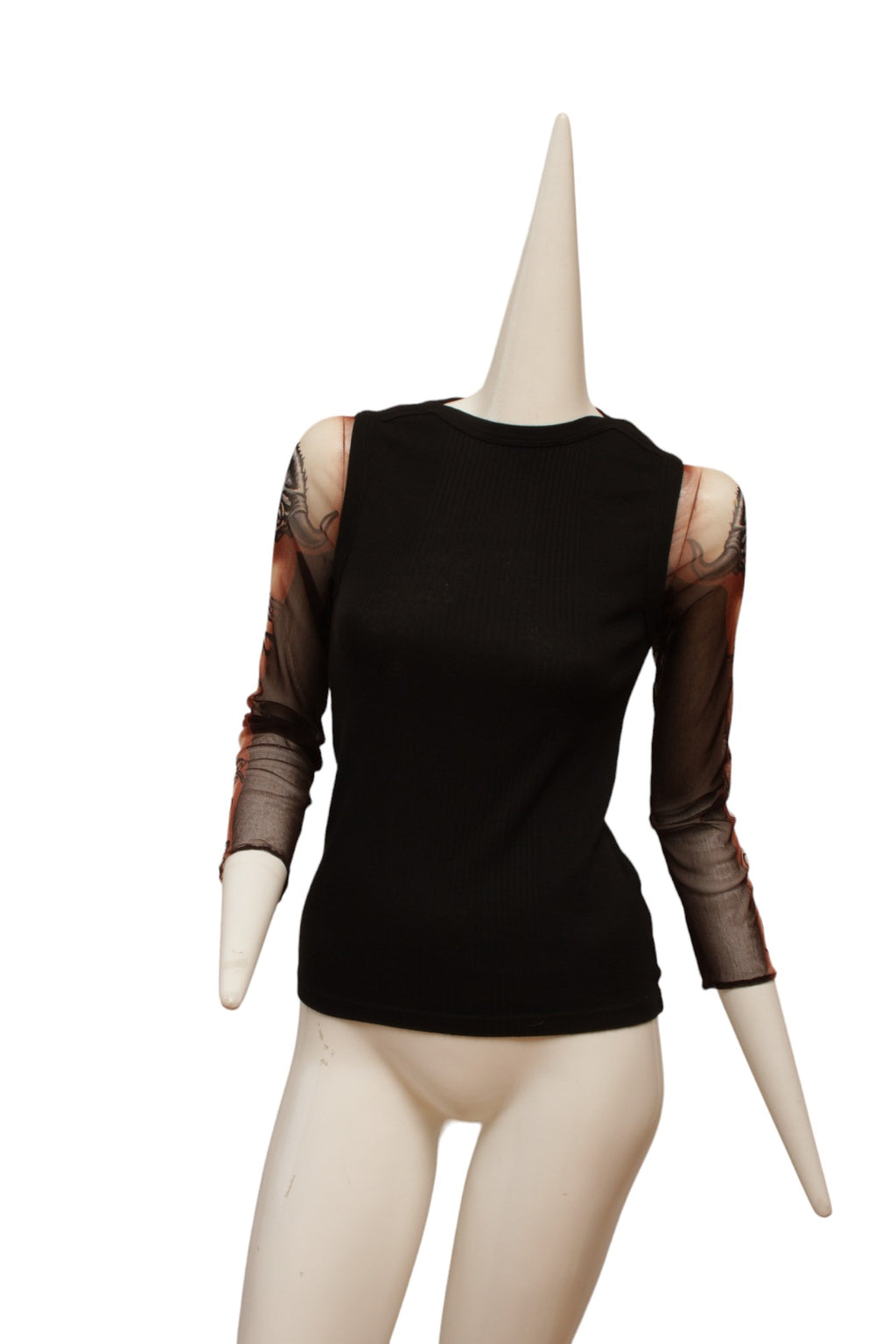 Jean Paul Gaultier Maille Black Rib Knit Tank with Mesh Tattoo Design Sleeve