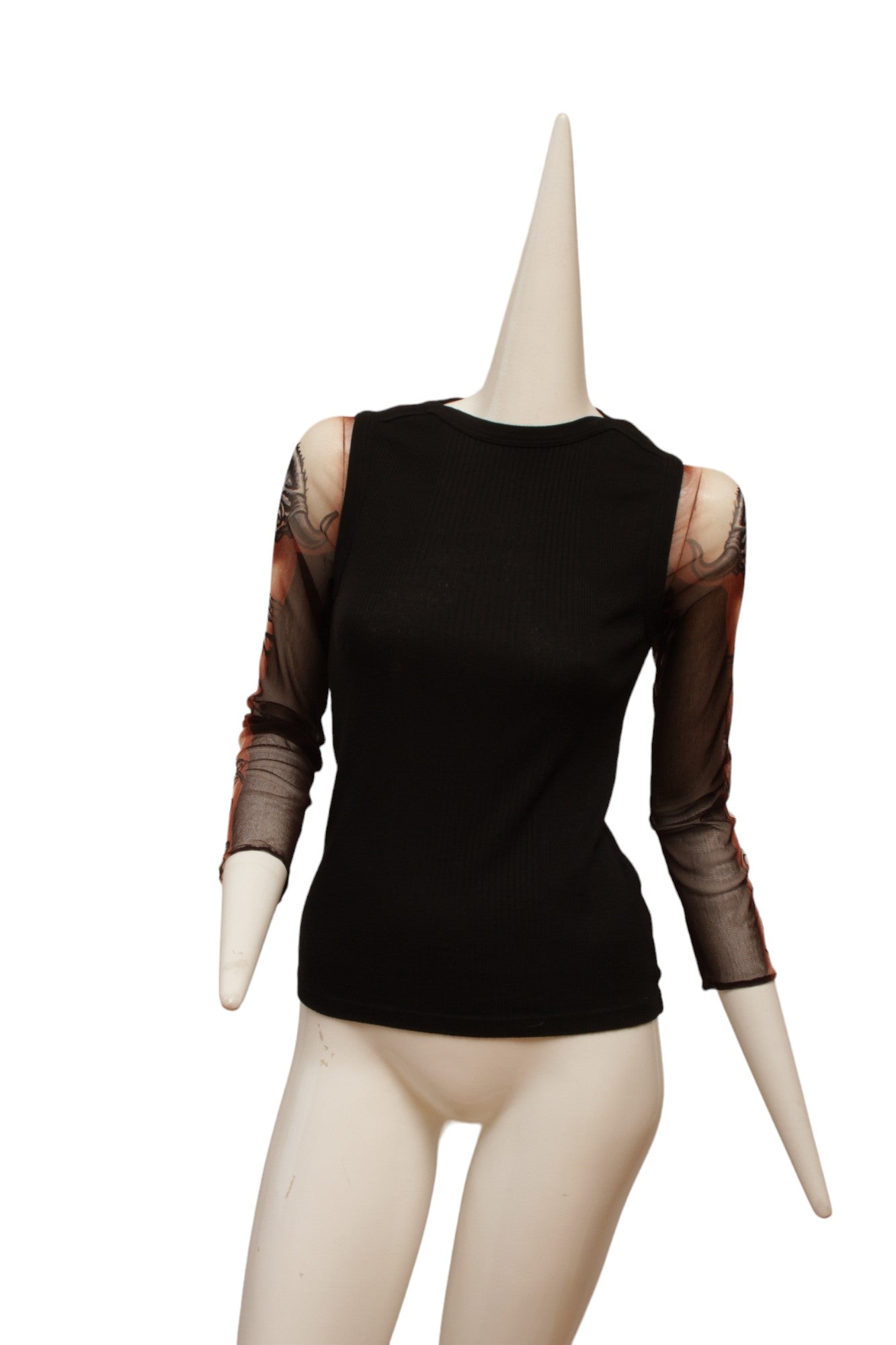 Jean Paul Gaultier Maille Black Rib Knit Tank with Mesh Tattoo Design Sleeve