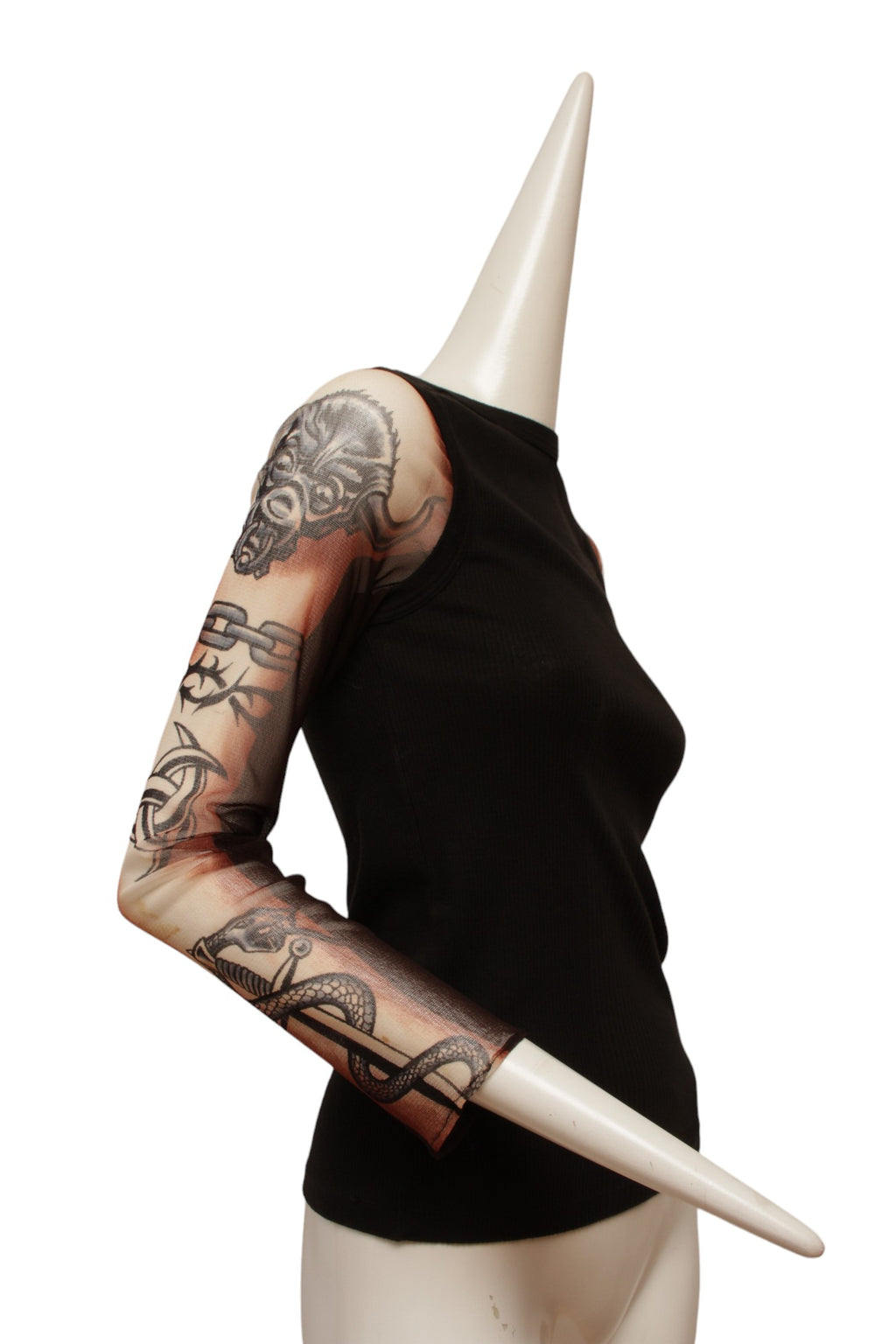 Jean Paul Gaultier Maille Black Rib Knit Tank with Mesh Tattoo Design Sleeve