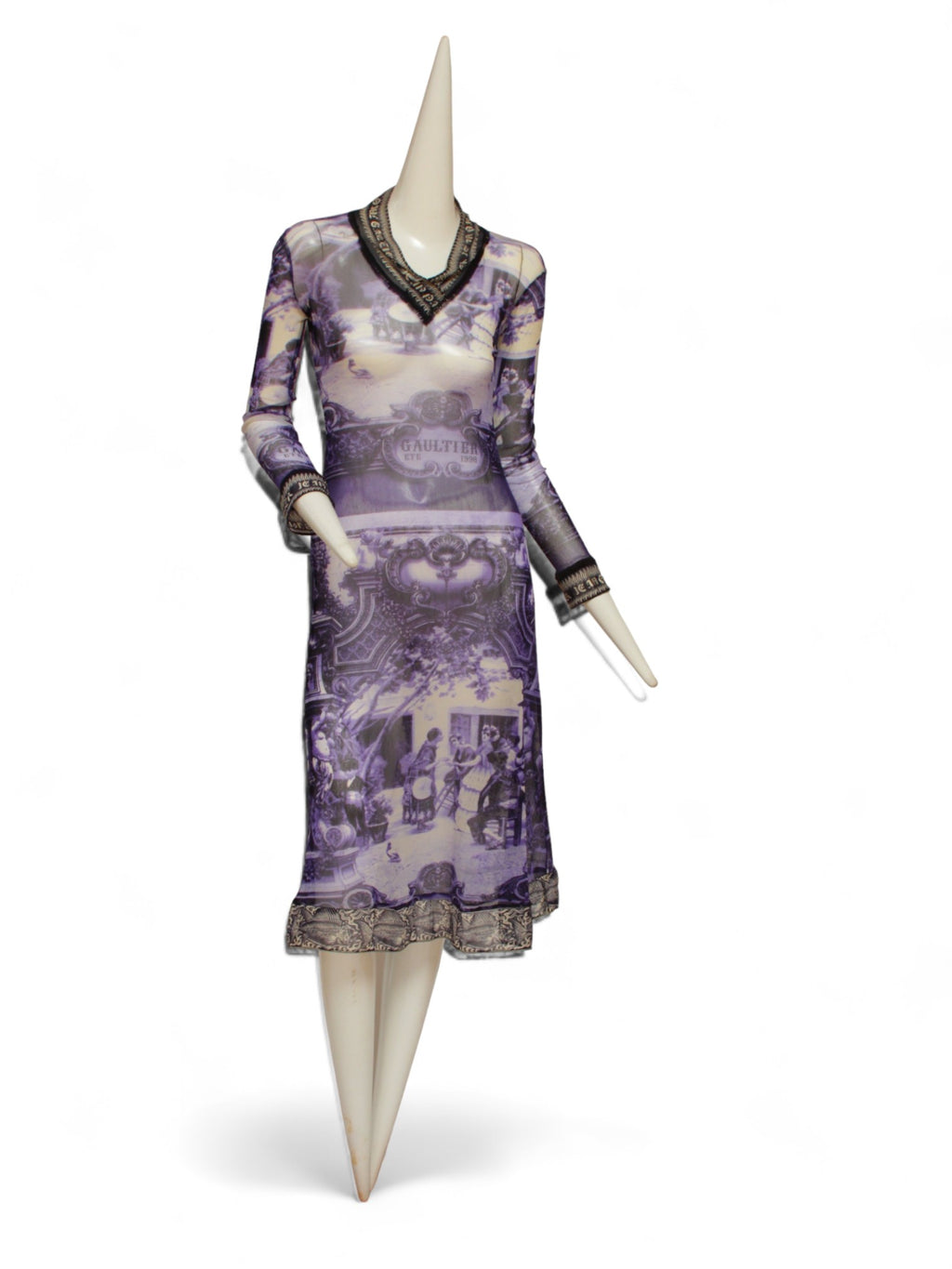 JEAN PAUL GAULTIER, French courtyard scene, long blue and white dress with black and white ruffle hem, Été (Summer) 1998