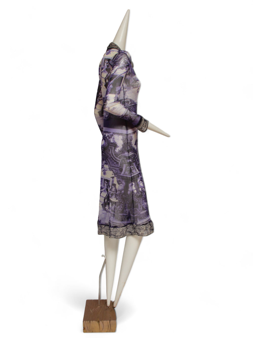 JEAN PAUL GAULTIER, French courtyard scene, long blue and white dress with black and white ruffle hem, Été (Summer) 1998