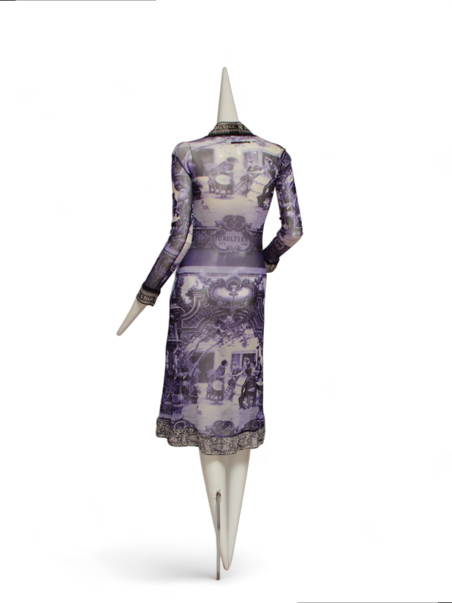 JEAN PAUL GAULTIER, French courtyard scene, long blue and white dress with black and white ruffle hem, Été (Summer) 1998
