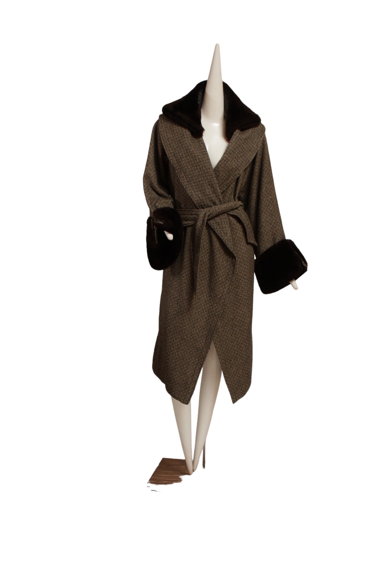JEAN PAUL GAULTIER, long cross hatch black and white print, faux fur cuffs and removable faux collar with Silk Parisian lining.