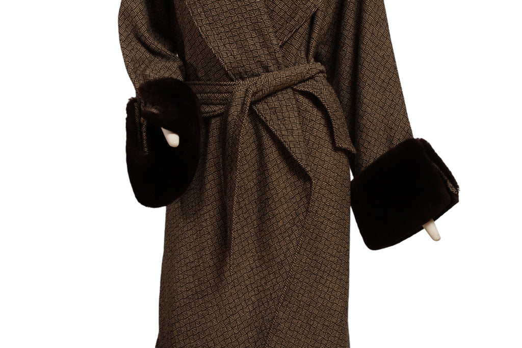 JEAN PAUL GAULTIER, long cross hatch black and white print, faux fur cuffs and removable faux collar with Silk Parisian lining.