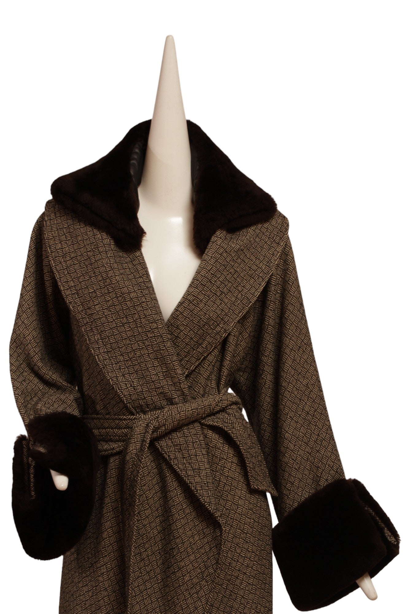 JEAN PAUL GAULTIER, long cross hatch black and white print, faux fur cuffs and removable faux collar with Silk Parisian lining.