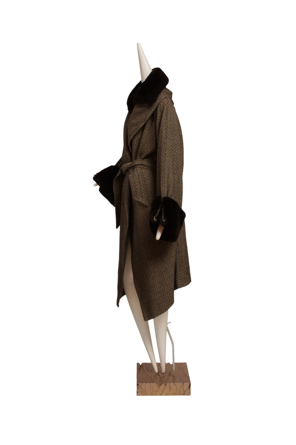 JEAN PAUL GAULTIER, long cross hatch black and white print, faux fur cuffs and removable faux collar with Silk Parisian lining.