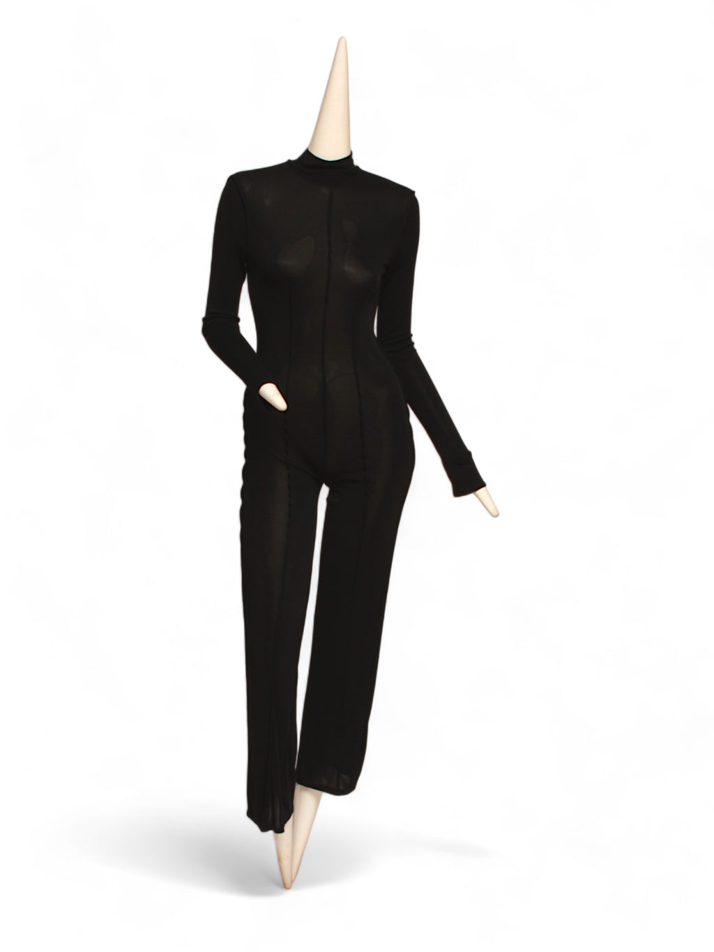JEAN PAUL GAULTIER, black long sleeve jumpsuit zipper back and flared bottoms