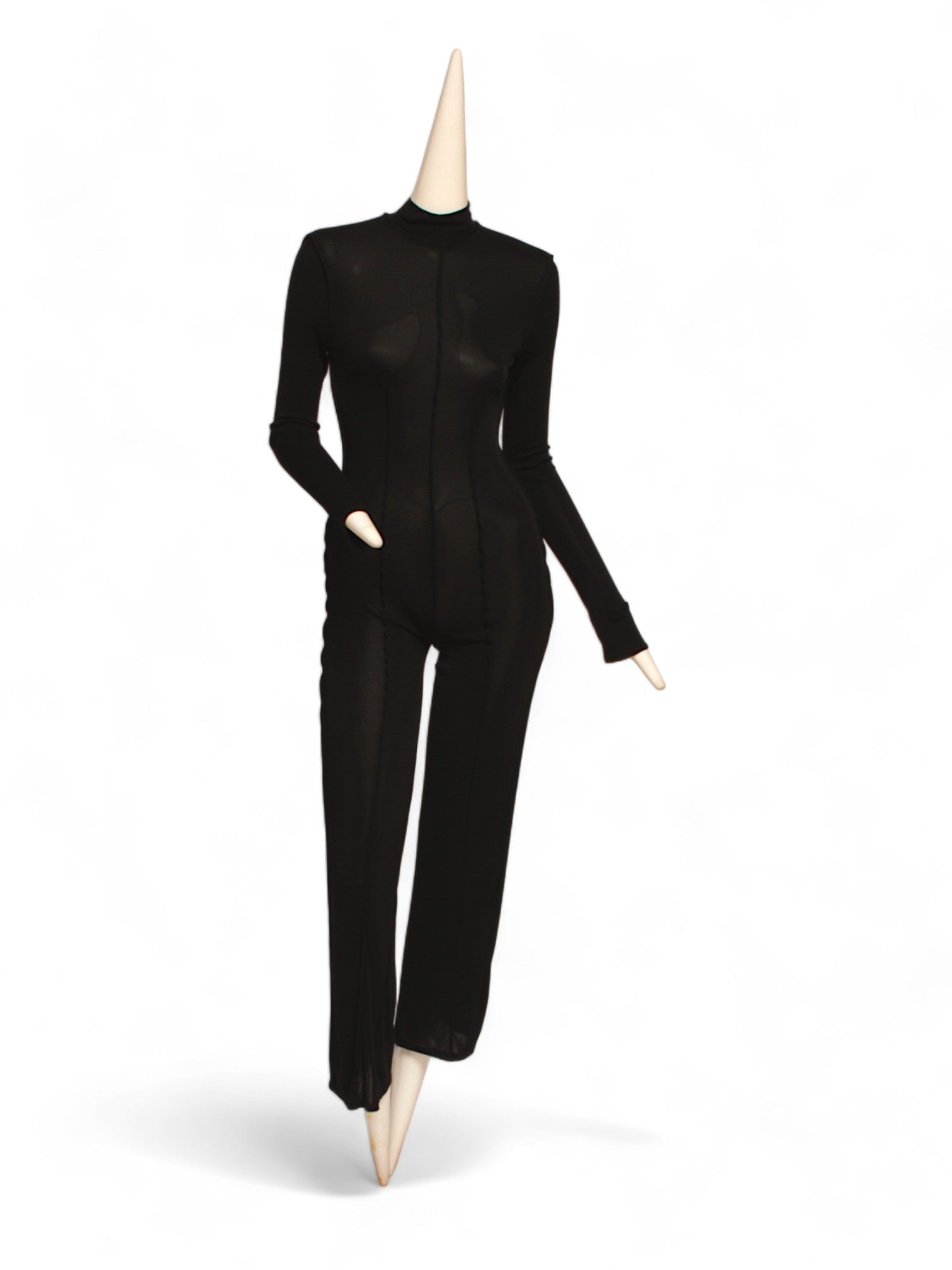 JEAN PAUL GAULTIER, black long sleeve jumpsuit zipper back and flared bottoms