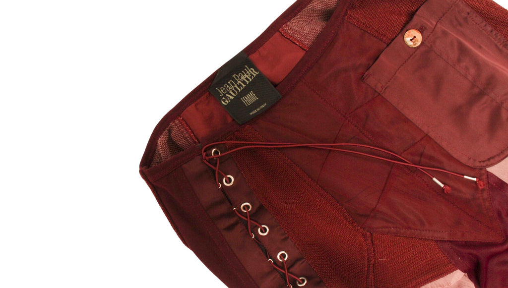 Jean Paul Gaultier Femme Maroon Lace and Zip-up Silk and Rayon Paneled Skirt
