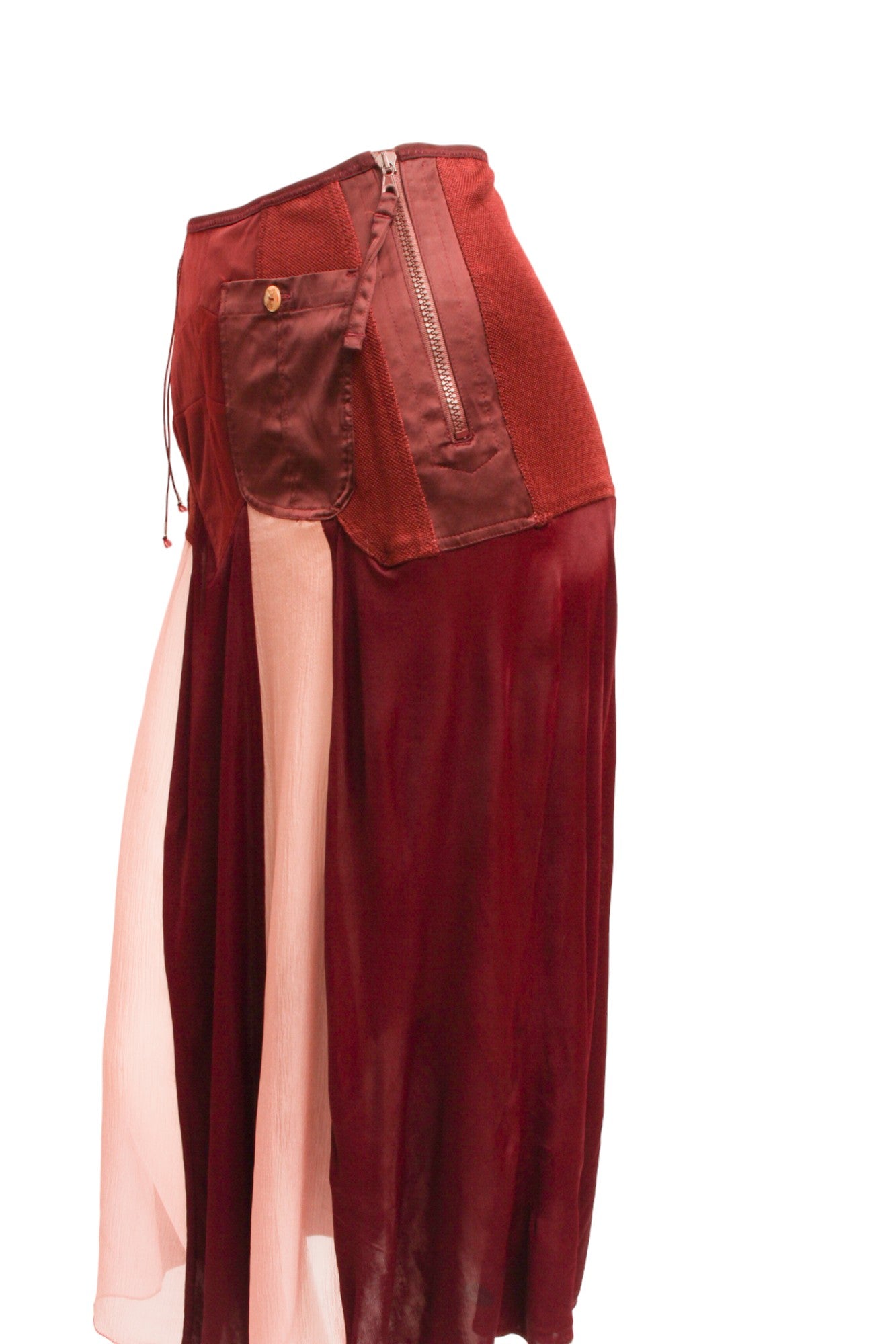 Jean Paul Gaultier Femme Maroon Lace and Zip-up Silk and Rayon Paneled Skirt