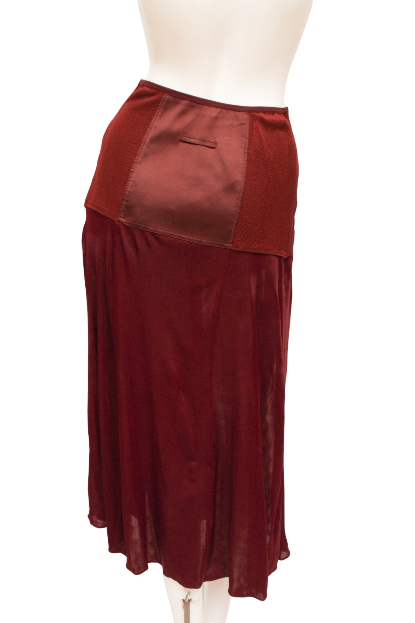 Jean Paul Gaultier Femme Maroon Lace and Zip-up Silk and Rayon Paneled Skirt
