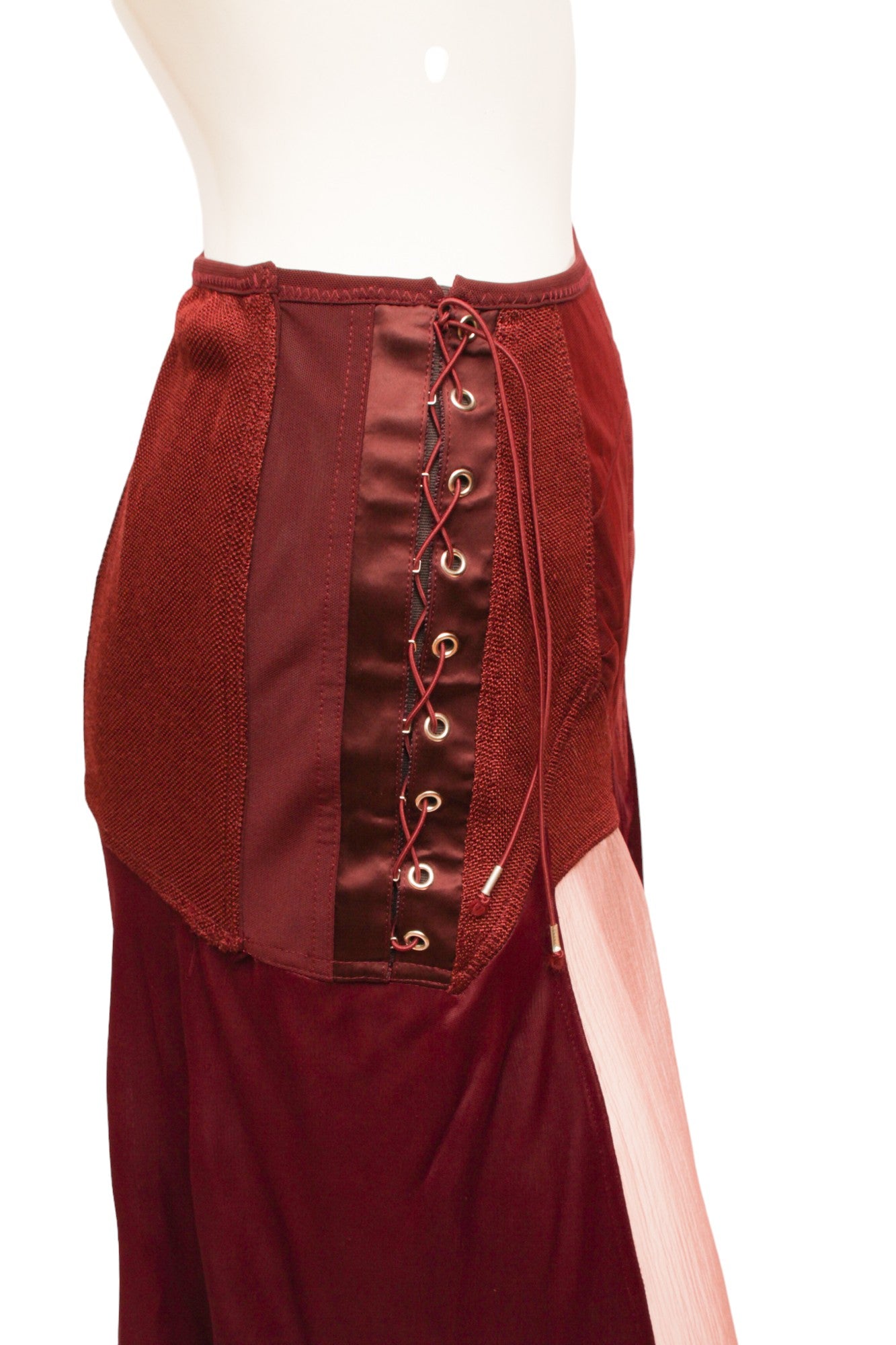 Jean Paul Gaultier Femme Maroon Lace and Zip-up Silk and Rayon Paneled Skirt