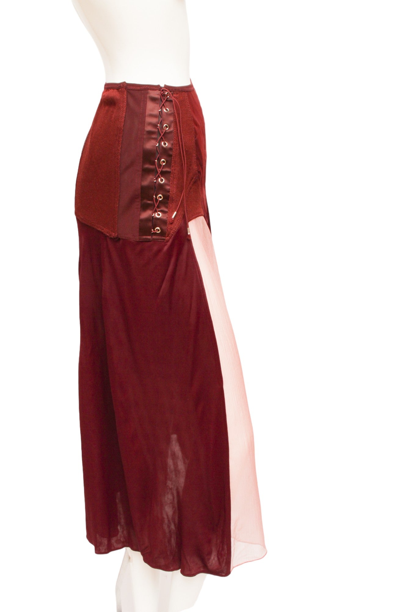Jean Paul Gaultier Femme Maroon Lace and Zip-up Silk and Rayon Paneled Skirt
