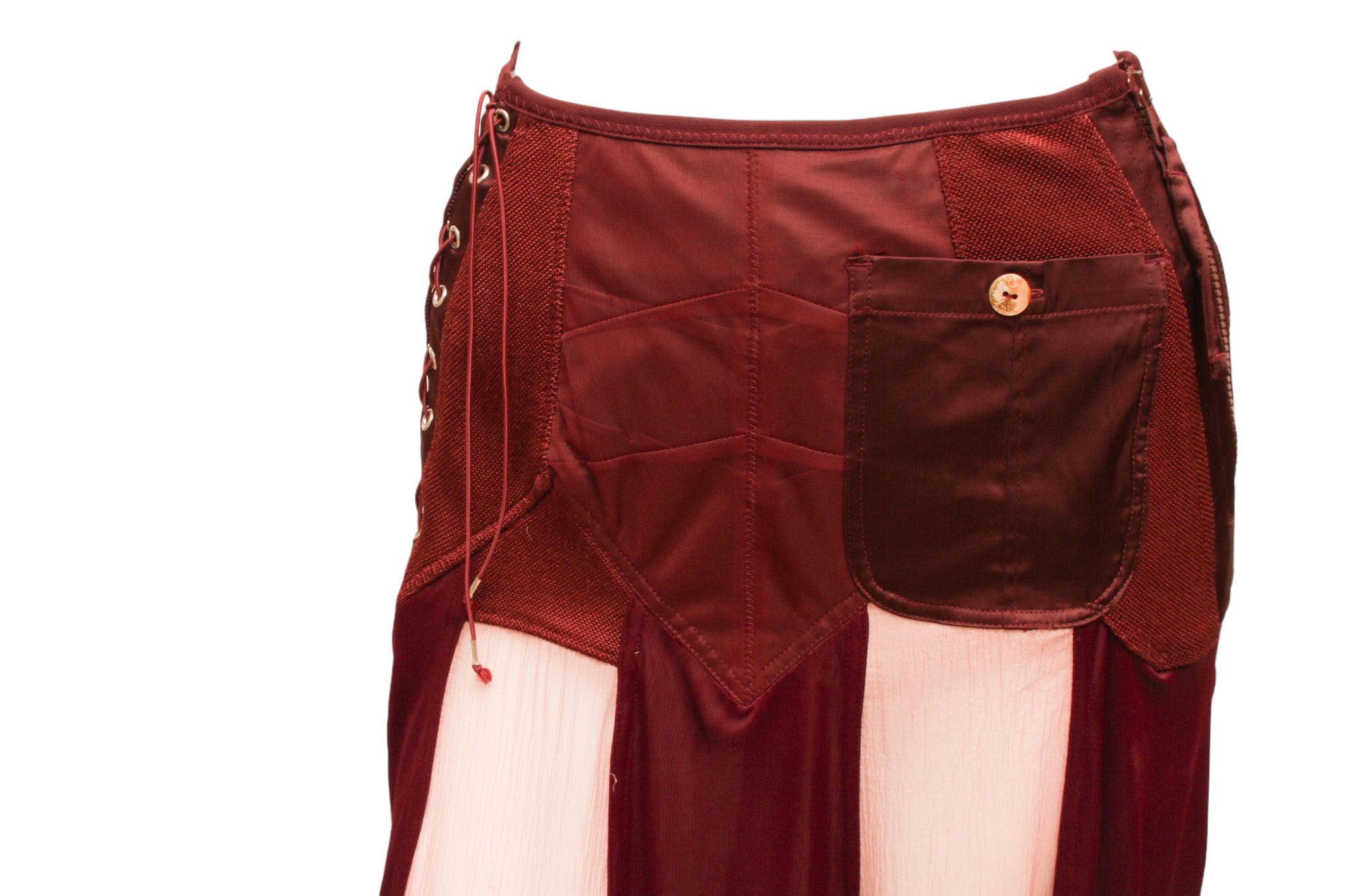 Jean Paul Gaultier Femme Maroon Lace and Zip-up Silk and Rayon Paneled Skirt