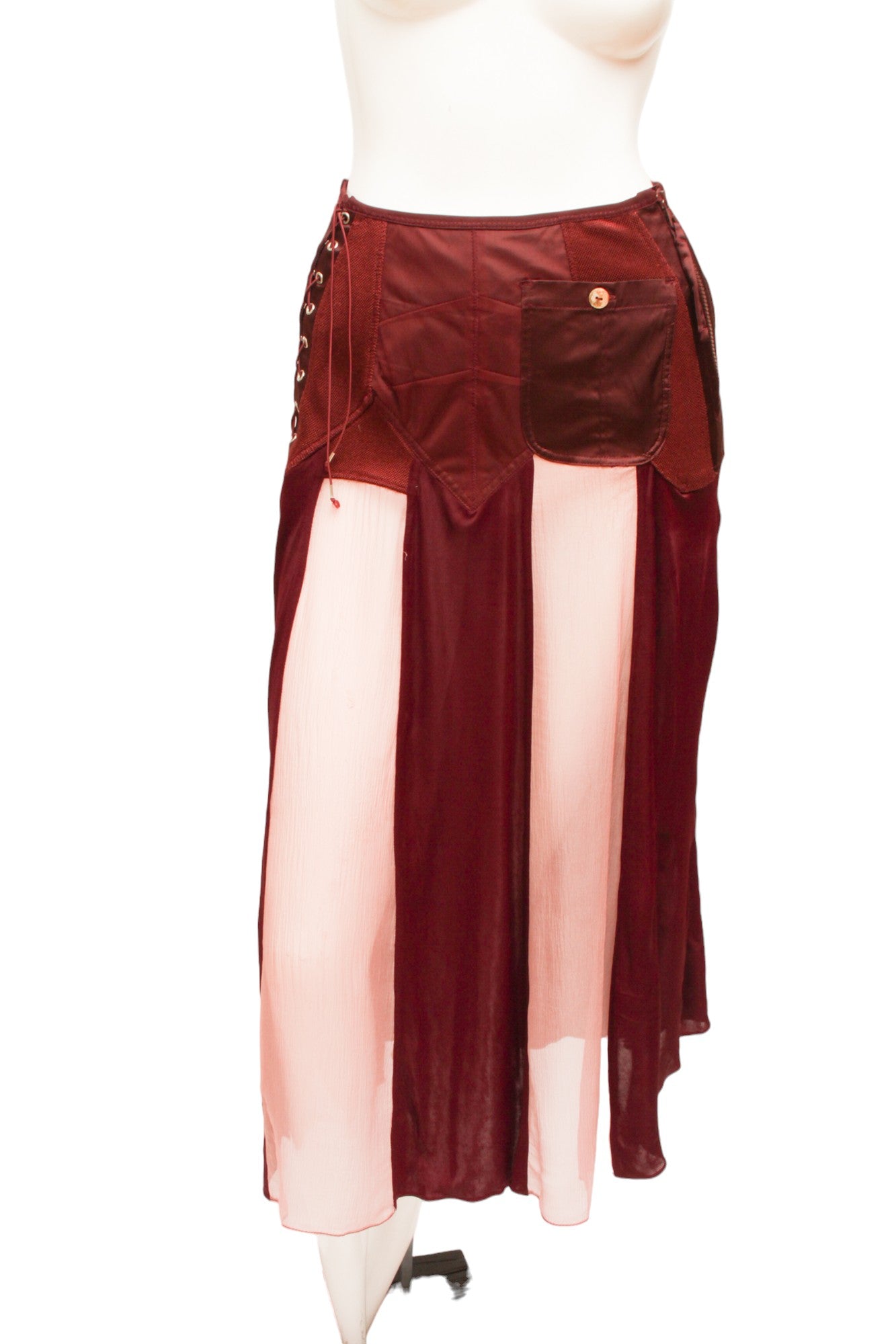 Jean Paul Gaultier Femme Maroon Lace and Zip-up Silk and Rayon Paneled Skirt