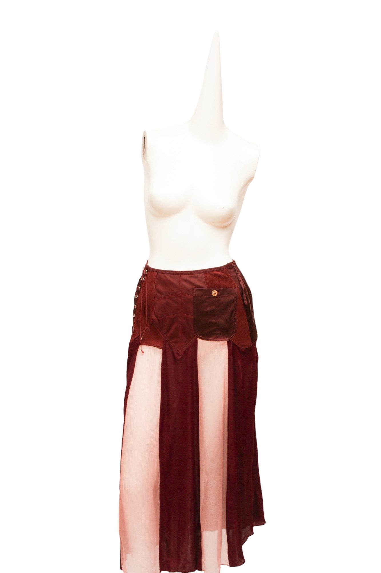 Jean Paul Gaultier Femme Maroon Lace and Zip-up Silk and Rayon Paneled Skirt